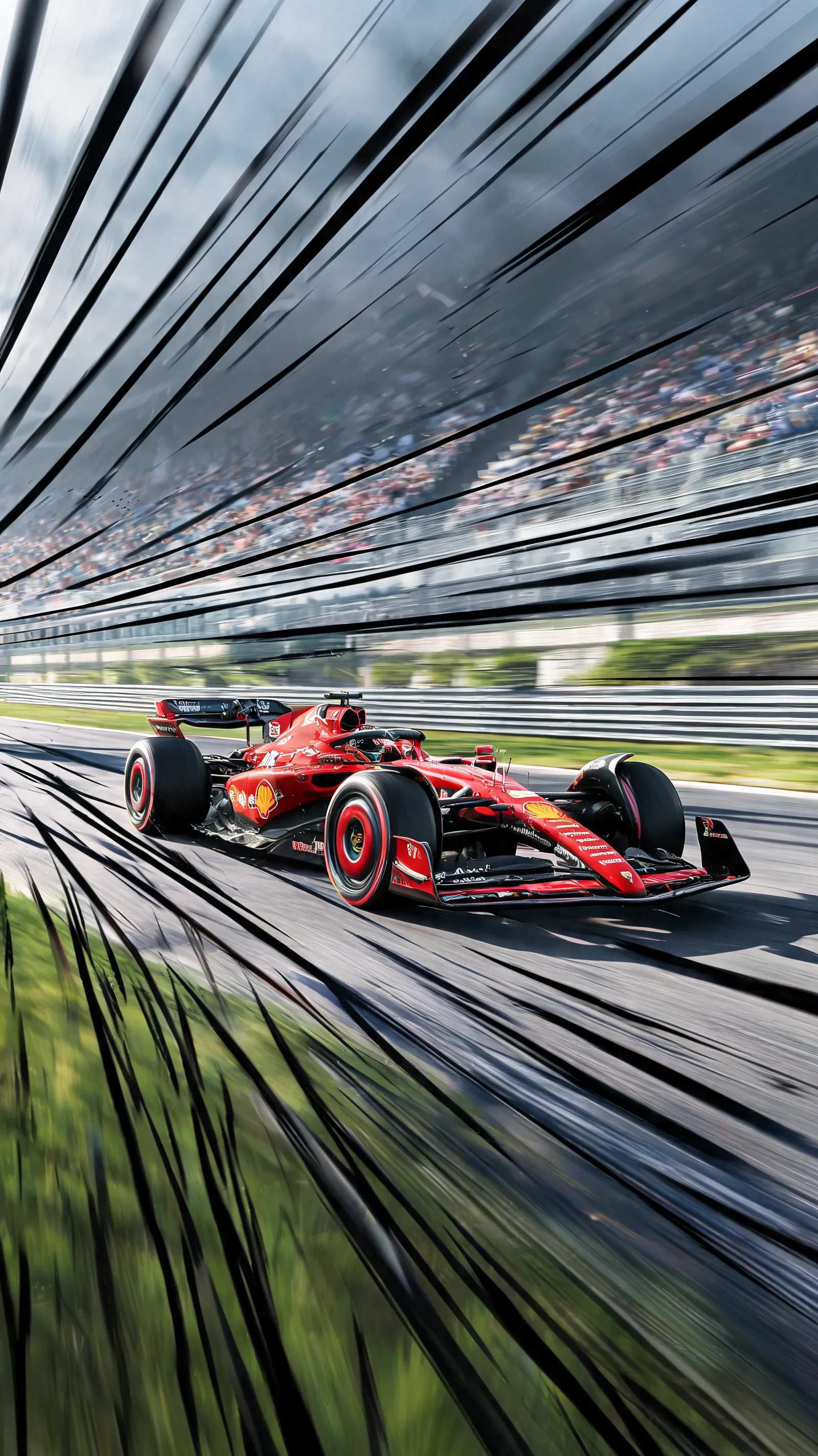 Close-up of racing car, exaggerated speed lines, intense race track scene, dynamic composition
