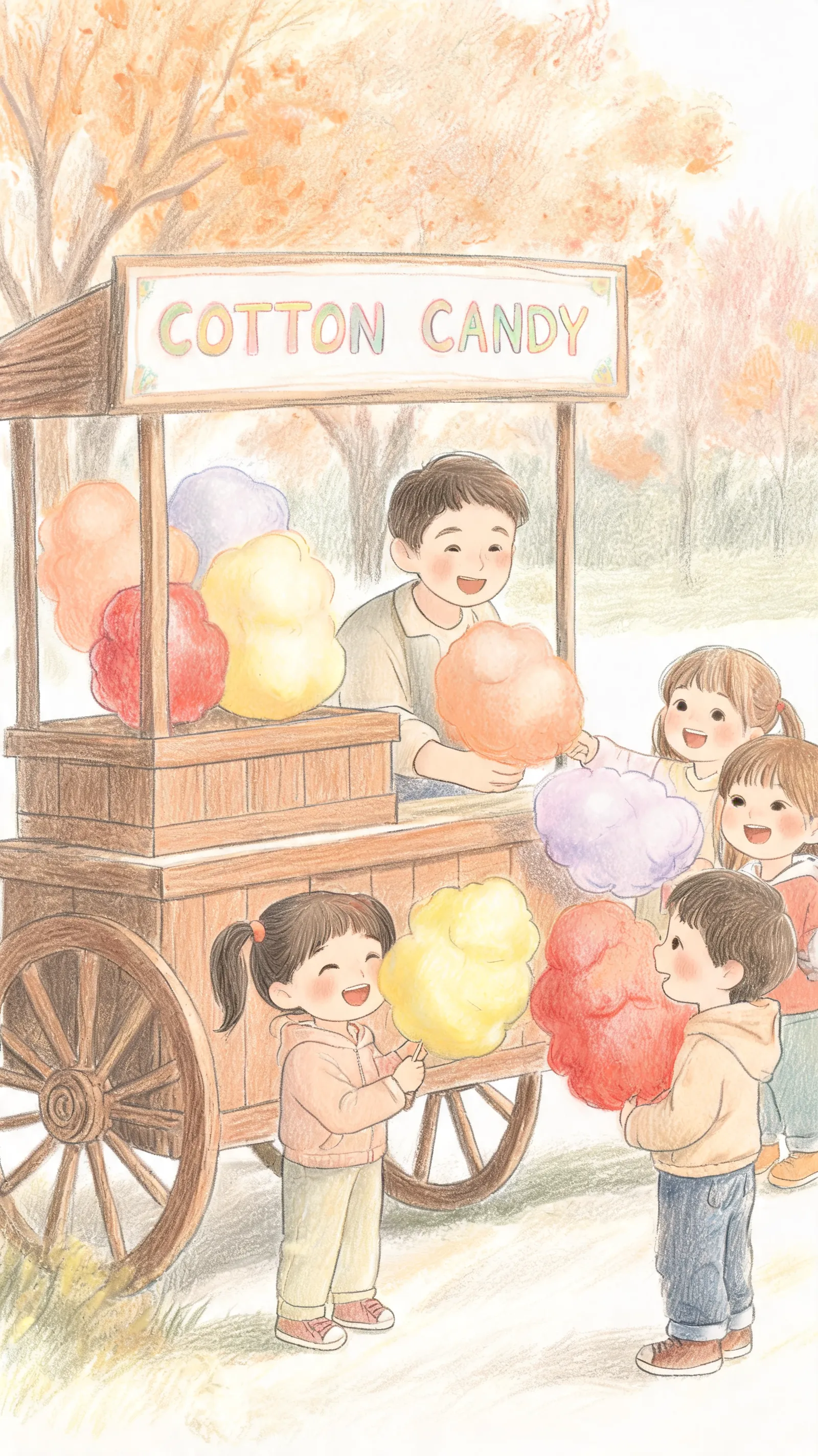 Wooden cart selling cotton candy clouds in seasonal colors, happy children, soft pencil strokes