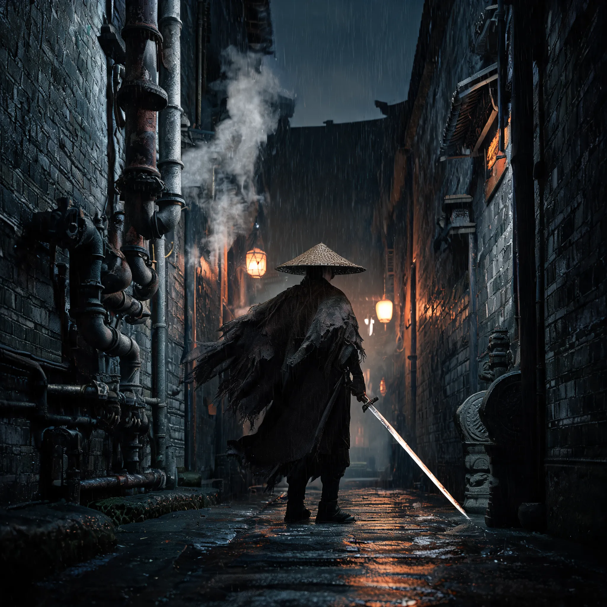 A lone martial artist in a bamboo hat and tattered cloak, standing in a narrow, rain-slicked Jiangnan alley at night, steam rising from mechanical pipes embedded in ancient brick walls, holding a long sword reflecting the dim glow of distant lanterns, dark and gritty atmosphere, Kungfu Punk style, cinematic lighting, Unreal Engine 5, hyper-detailed, 8k.
