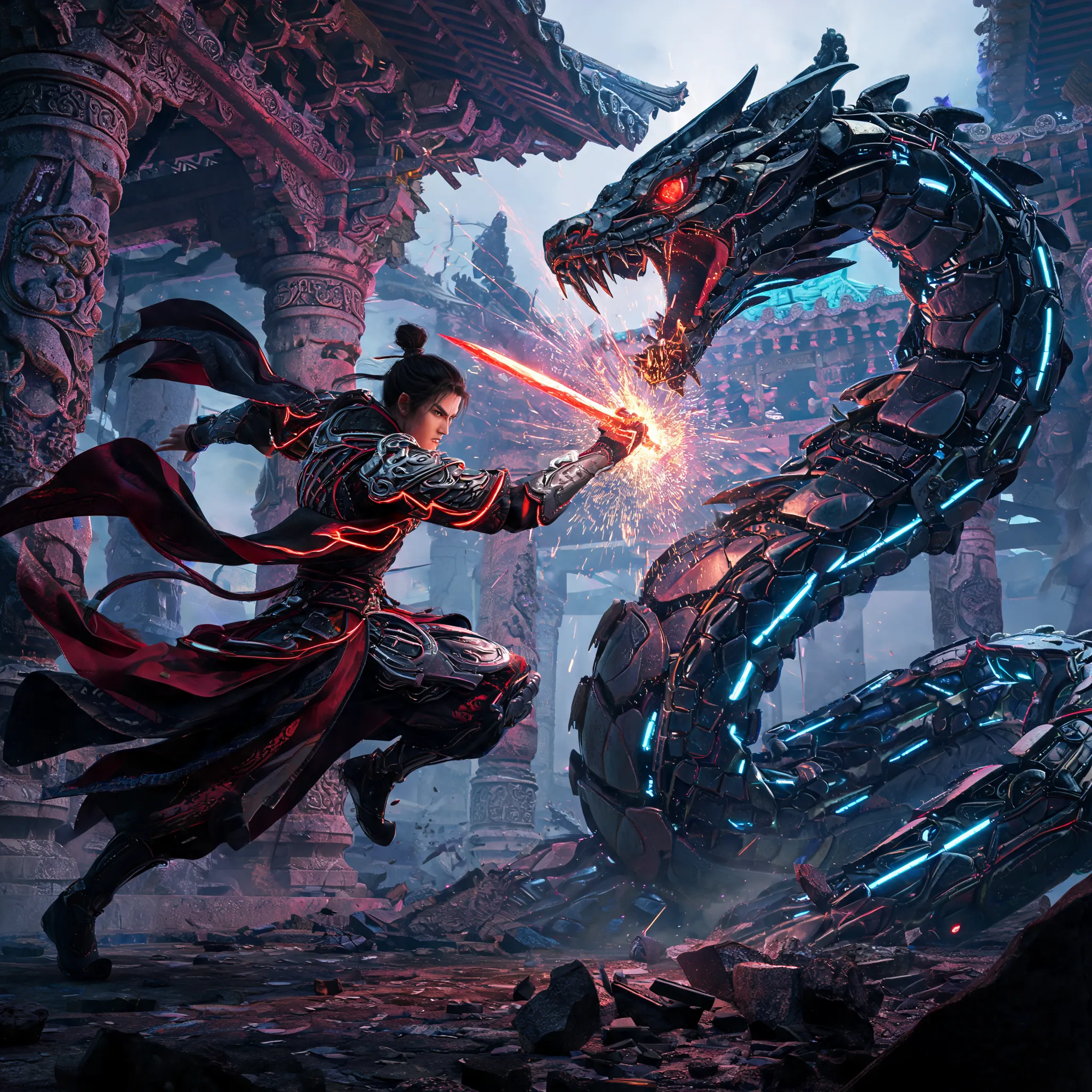A cyberpunk-infused ancient Chinese warrior, wearing a flowing black and red robe integrated with mechanical armor and glowing tubes, fighting against a giant mechanical snake monster in a ruined temple, dynamic action pose, blade clashing with metal, sparks flying, style fusion of Wuxia and Steampunk, concept art, high contrast, sharp details.