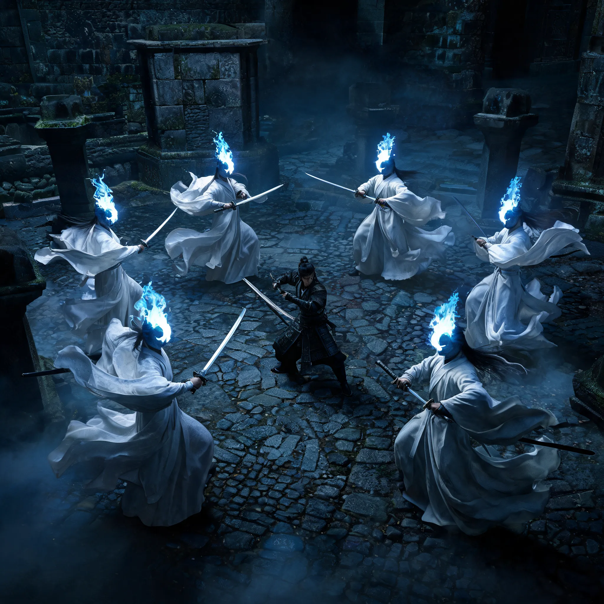 Six faceless enemies in flowing white robes, wielding swords in a coordinated sword formation, surrounding a lone warrior in a dark, ancient courtyard, eerie blue flames flickering from their hollow faces, ghostly and oppressive atmosphere, stylized martial arts action, inspired by Hong Kong cinema, high-quality game concept art.