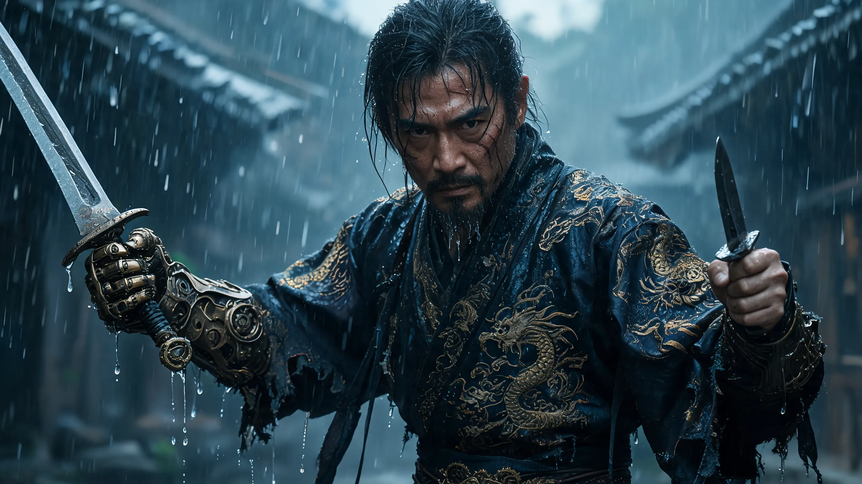 A highly detailed character portrait of a middle-aged male assassin, weathered face with a scar, wearing a tattered but elaborate traditional Chinese outfit with mechanical gauntlets, holding a unique combination of a long and a short blade, standing in the rain, water dripping from his hair and blade, moody, somber, photorealistic, cinematic portrait.