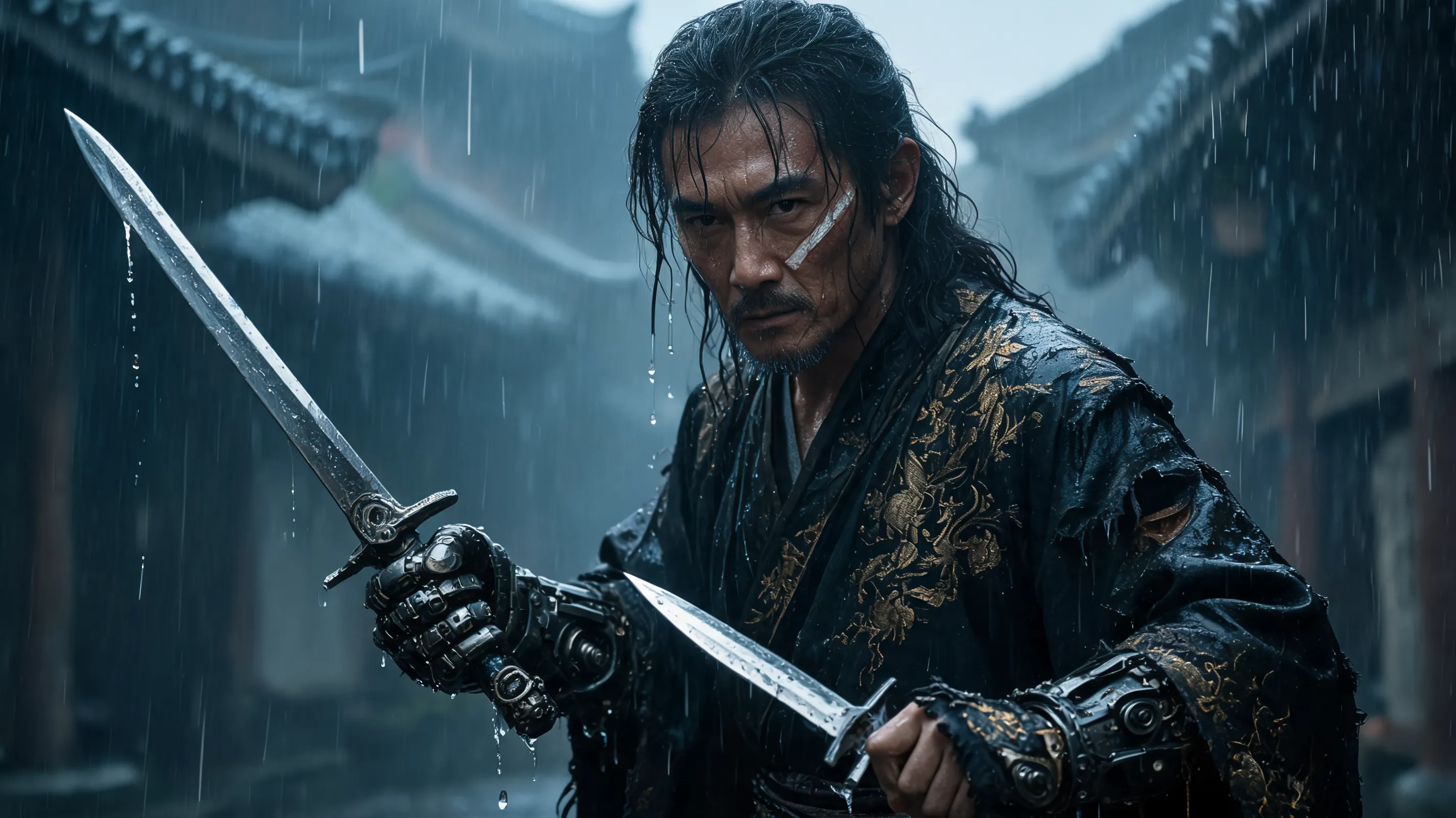 A highly detailed character portrait of a middle-aged male assassin, weathered face with a scar, wearing a tattered but elaborate traditional Chinese outfit with mechanical gauntlets, holding a unique combination of a long and a short blade, standing in the rain, water dripping from his hair and blade, moody, somber, photorealistic, cinematic portrait.