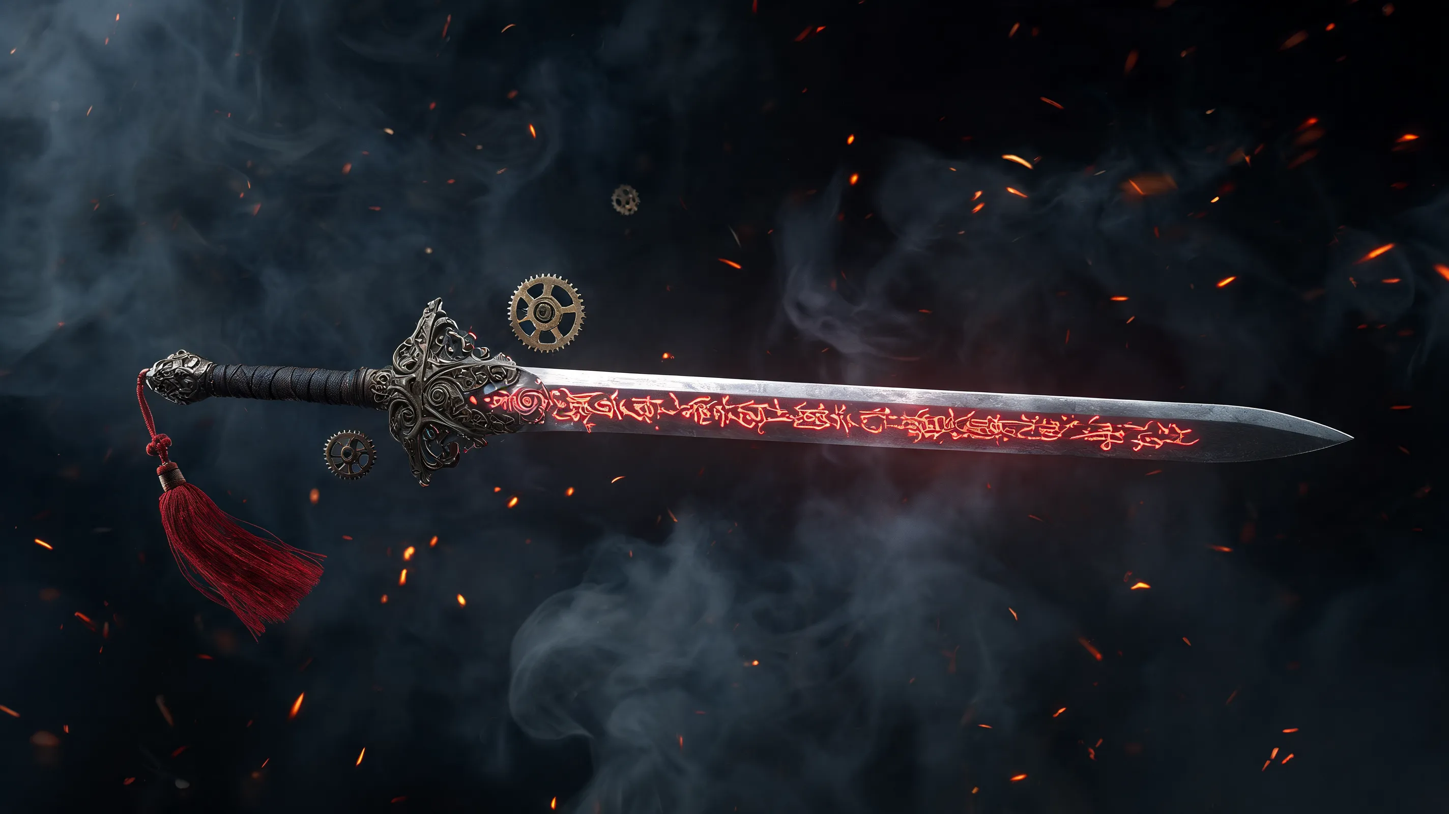 Close-up of an intricate, supernatural Chinese straight sword, its blade etched with glowing red runes, suspended in mid-air against a dark, smoky background, embers floating around, surrounded by subtle mechanical gears, magical and mysterious, Wuxia weapon concept, elegant yet deadly, sharp focus, high detail.
