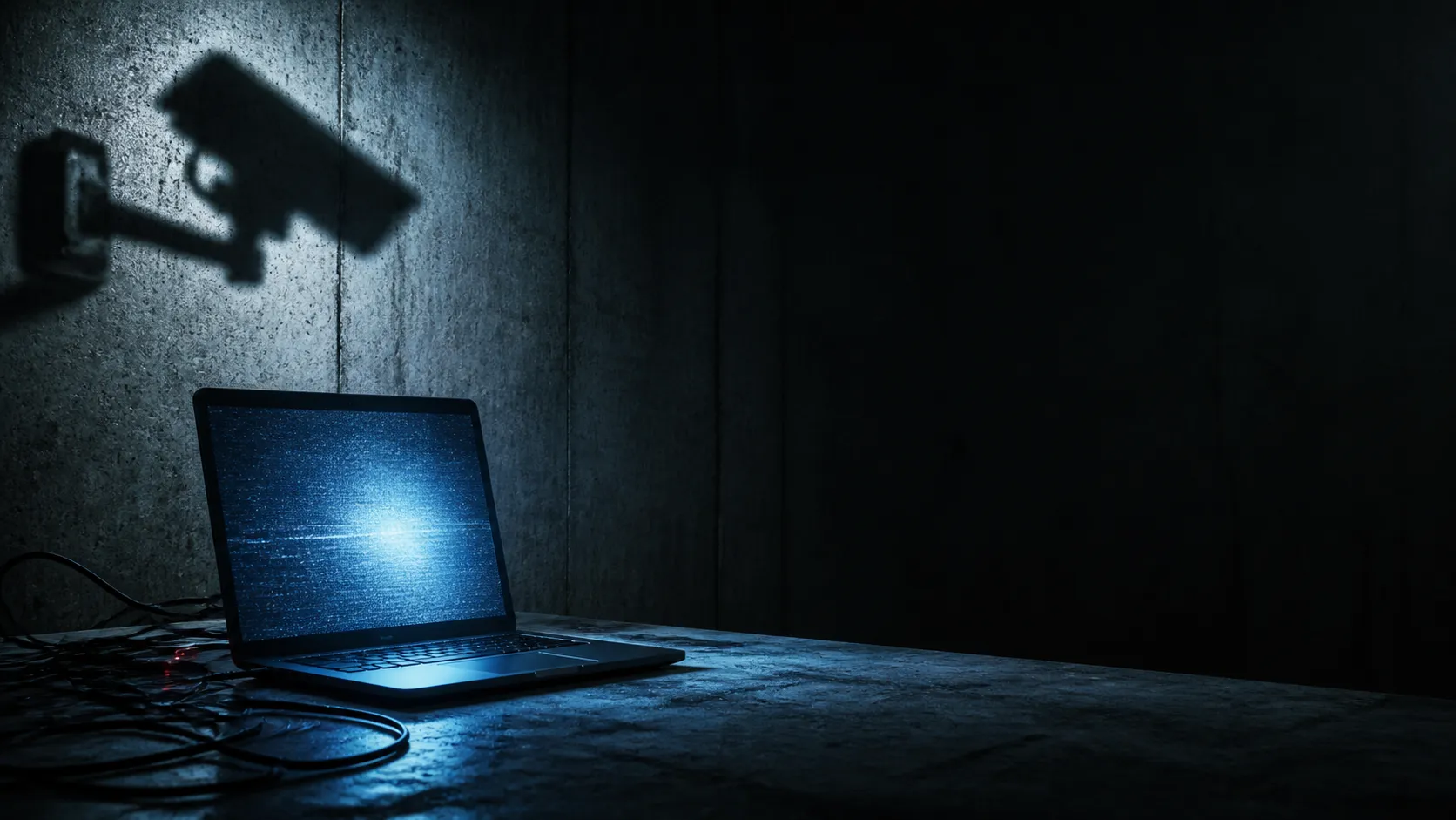 A dark cinematic YouTube thumbnail background about AI surveillance and digital privacy, a lone laptop on a raw concrete desk, blue screen glow reflecting on scattered cables, security camera shadow on the wall, cold brutalist room, tactile film grain, high contrast editorial lighting, empty space on the right side for title text, no people, no text, no logo, no watermark Negative prompt: cute, colorful cartoon, clean corporate stock photo, readable code, distorted laptop, messy clutter, blurry, low quality, text, logo, watermark --ar 16:9