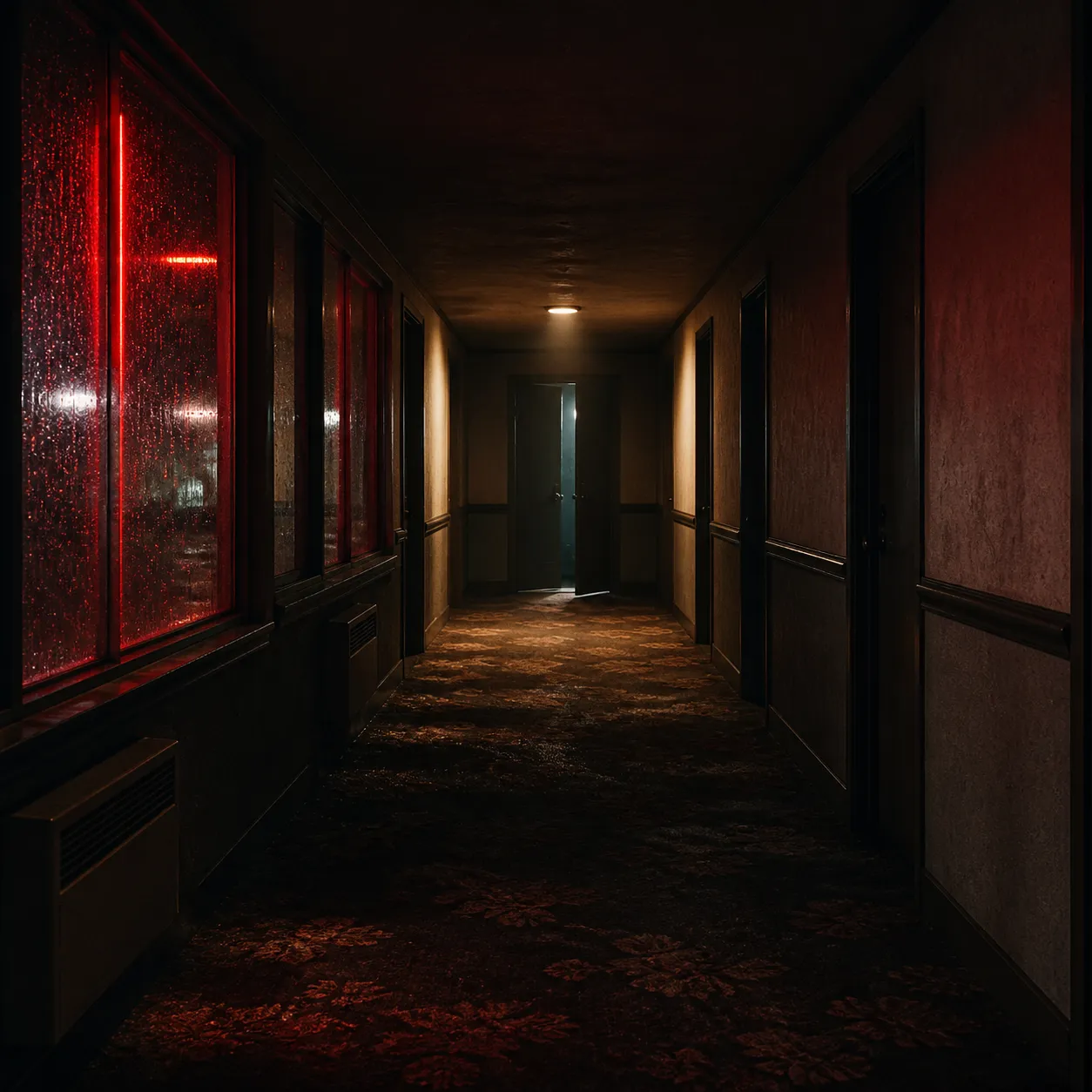 A mature noir podcast cover background, empty motel hallway at night, flickering red neon light through wet windows, old carpet, half-open door at the end of the hallway, quiet suspenseful atmosphere, cinematic editorial photography style, tactile film grain, square composition with empty center space for title, no people, no blood, no text, no logo, no watermark Negative prompt: cute, gore, dead body, horror monster, crime scene tape, readable text, logo, watermark, blurry, low quality --ar 1:1