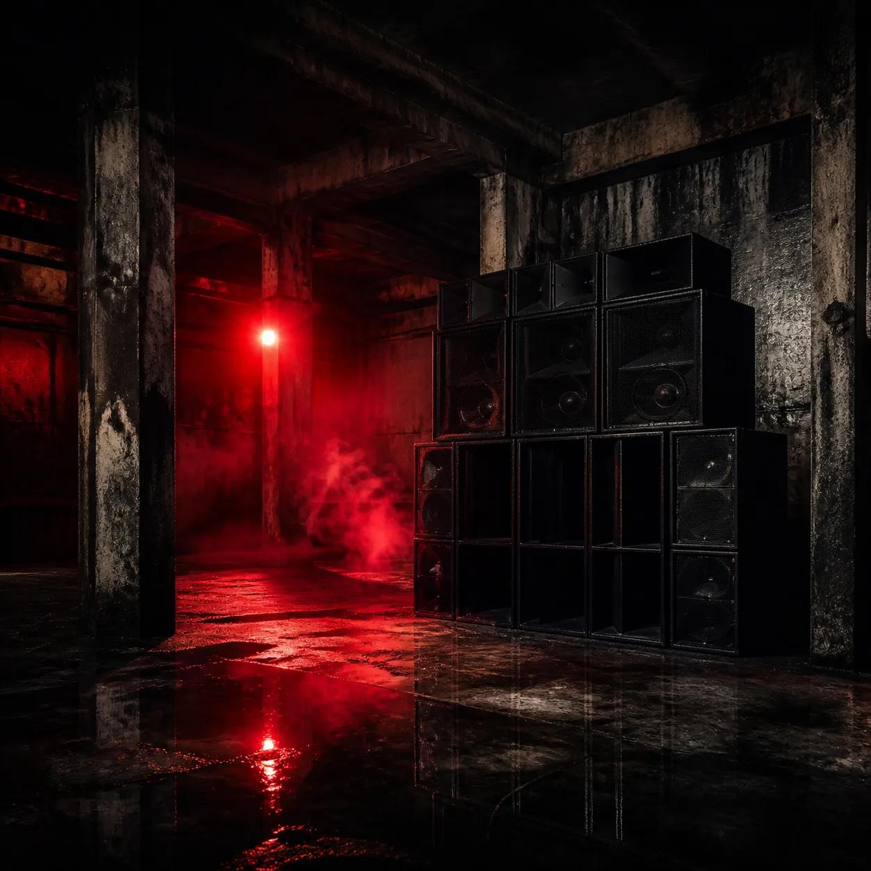 A gritty underground electronic music album cover background, abandoned concrete warehouse, red emergency light, smoke, giant black speaker stack, wet floor reflections, industrial brutalist atmosphere, raw analog texture, dark cinematic composition, square cover art layout, no people, no text, no logo, no watermark Negative prompt: cute, colorful EDM festival, fantasy, crowd, readable text, logo, watermark, blurry, low quality, messy composition --ar 1:1