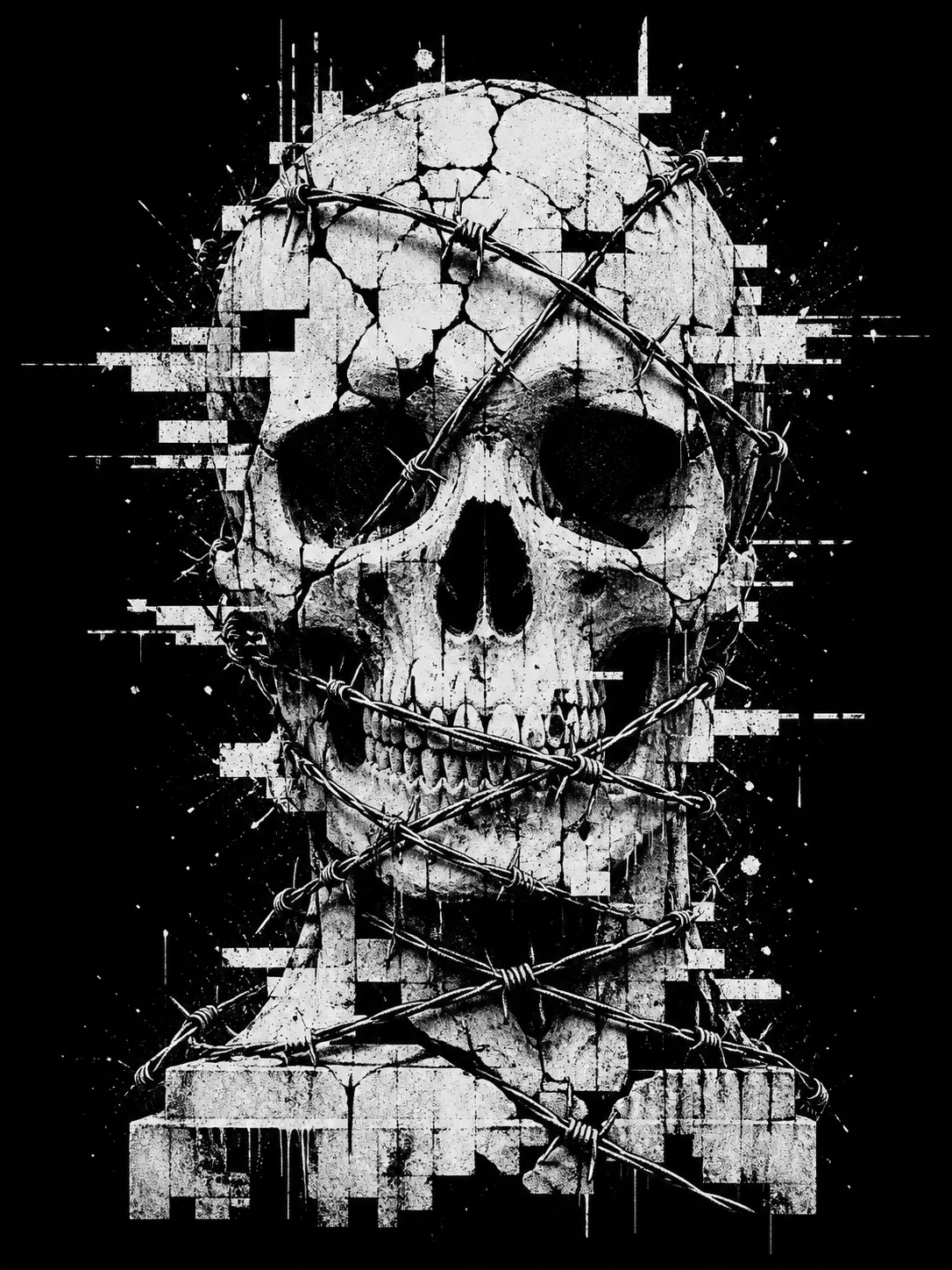 A bold black and white streetwear t-shirt graphic, brutalist illustration of a cracked concrete skull-shaped statue wrapped in barbed wire and glitch fragments, distressed screenprint texture, raw ink style, strong centered composition, rebellious urban fashion aesthetic, suitable for print-on-demand apparel, no text, no logo, no watermark Negative prompt: cute mascot, colorful cartoon, photorealistic skull, gore, blood, messy details, low contrast, blurry, low quality, text, logo, watermark --ar 3:4