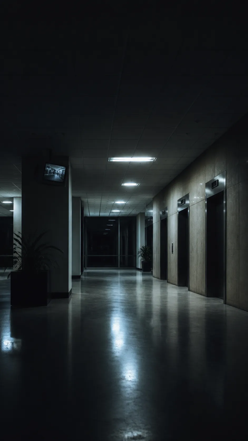 A vertical liminal phone wallpaper, empty office elevator lobby at 2 AM, fluorescent lights, polished concrete floor, old security monitor, long shadows, subtle surreal corporate burnout mood, dark editorial style, tactile film grain, realistic but slightly uncanny, clean vertical composition with empty space near the top for phone icons, no people, no text, no logo, no watermark Negative prompt: cute, cheerful office, horror monster, gore, distorted furniture, bad perspective, blurry, low quality, text, logo, watermark --ar 9:16
