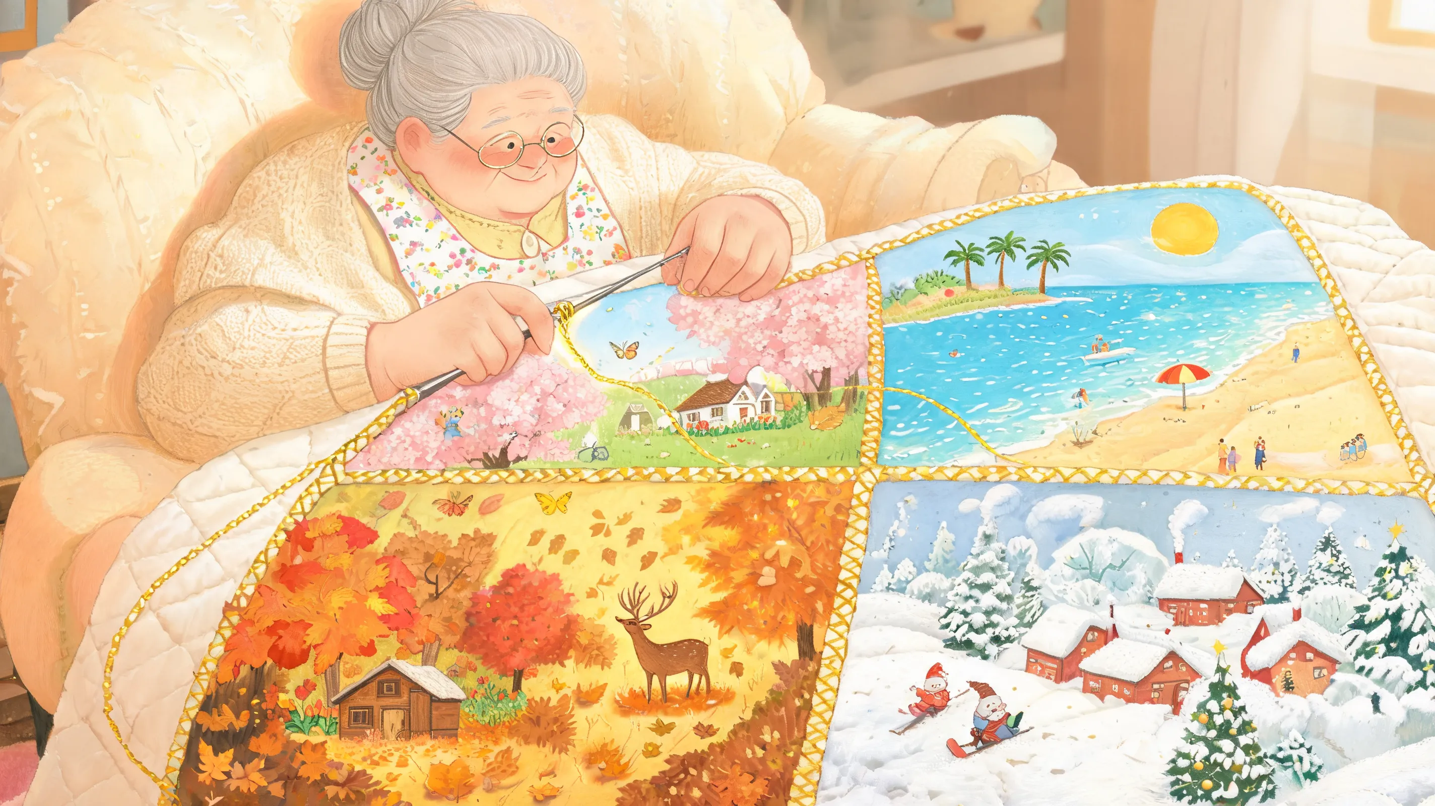 A giant grandmother carefully sews an enormous quilt representing the four seasons. Each patch contains a fully illustrated miniature world—spring blossoms, summer beaches, autumn forests, and snowy winter villages—all stitched together with golden thread. Rich textile textures, embroidery-inspired illustration, emotionally warm storytelling, award-winning picture book art.