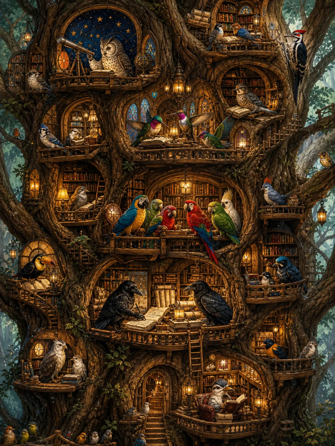 A towering tree where every branch supports tiny wooden reading rooms for hundreds of different bird species. Owls study astronomy, hummingbirds read poetry, ravens organize ancient manuscripts, and parrots debate philosophy. Charming storybook illustration with exceptional architectural detail.