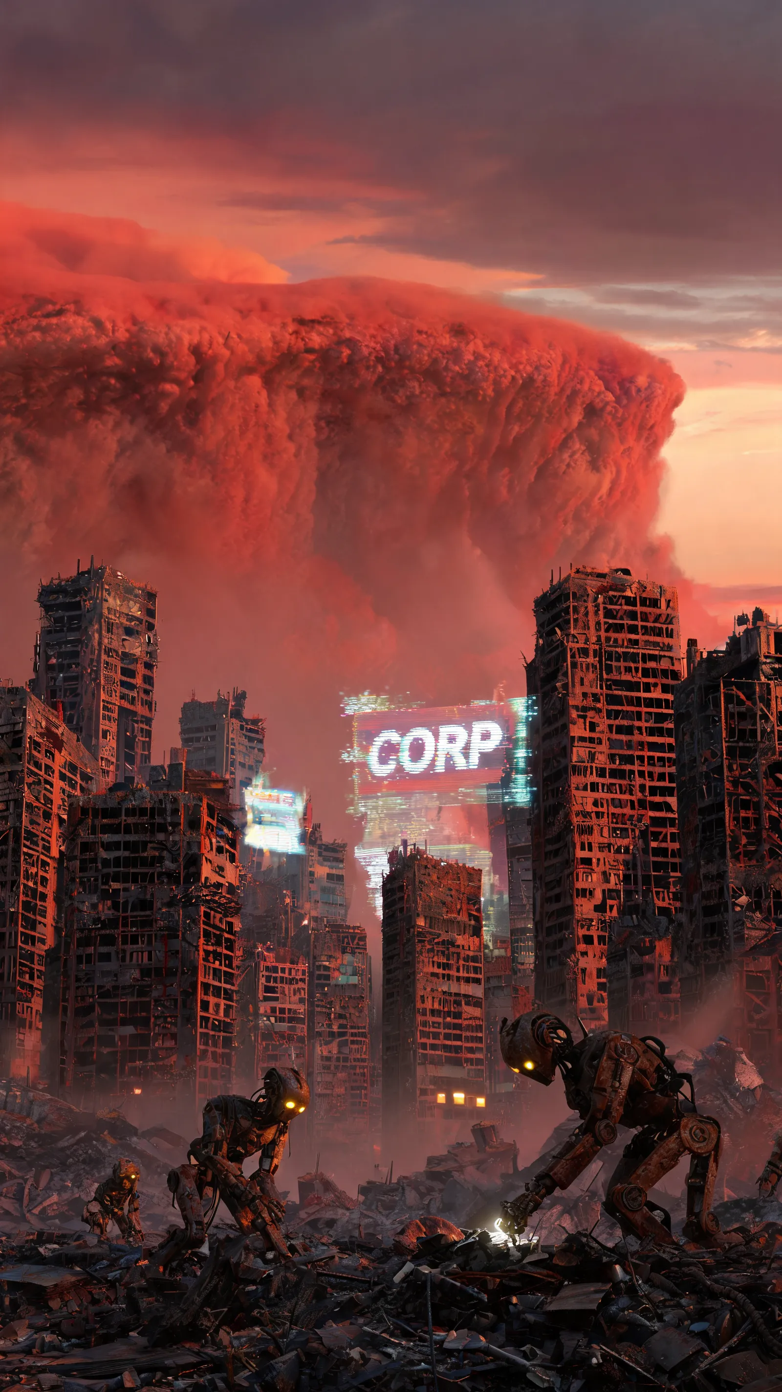 Abandoned future metropolis, flickering broken holograms, robots searching through rusty steel forest, massive red sandstorm approaching in apocalyptic dusk