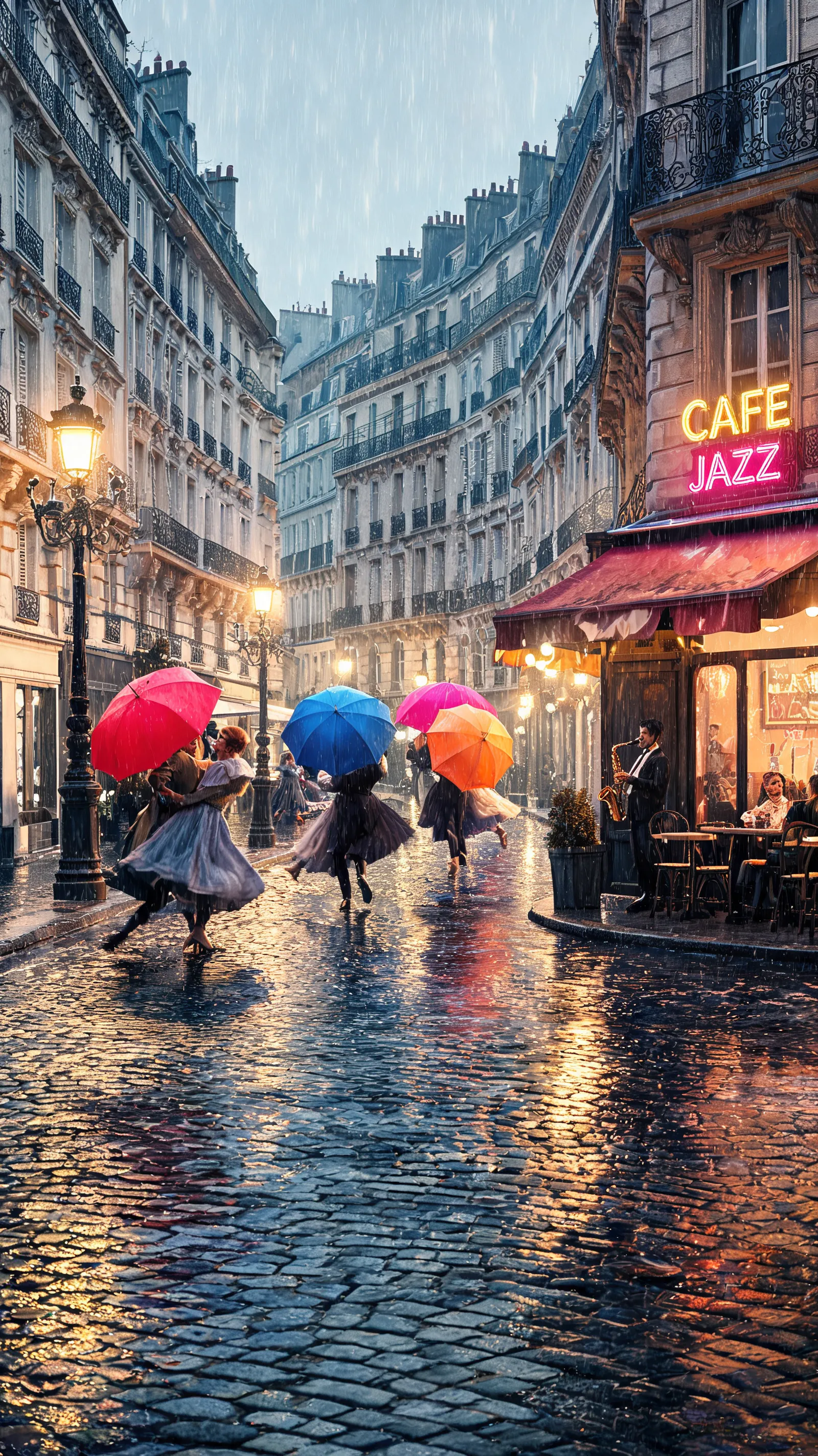 Paris streets in rain, dancers spinning under vintage lamps, colorful umbrellas twirling, jazz music flowing from cafes, neon lights reflecting on wet cobblestones