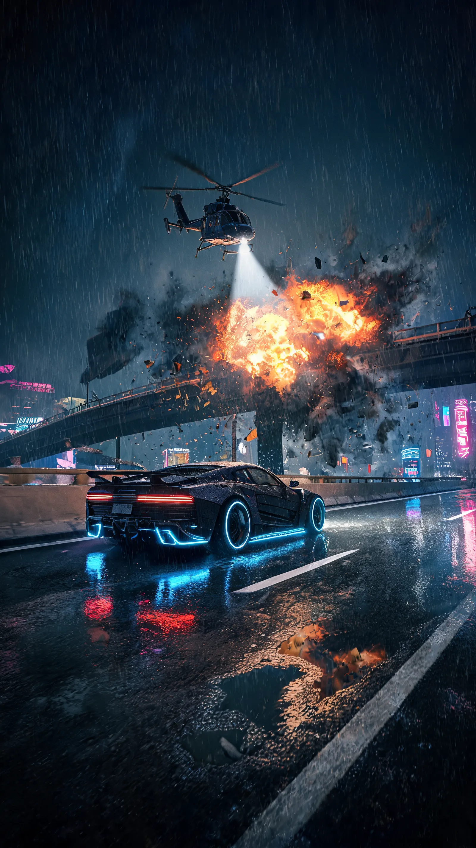 Rain-soaked highway at night, modified sports car racing under neon lights, agent pursuing in helicopter, bridge explosion reflecting off wet asphalt, debris scattering