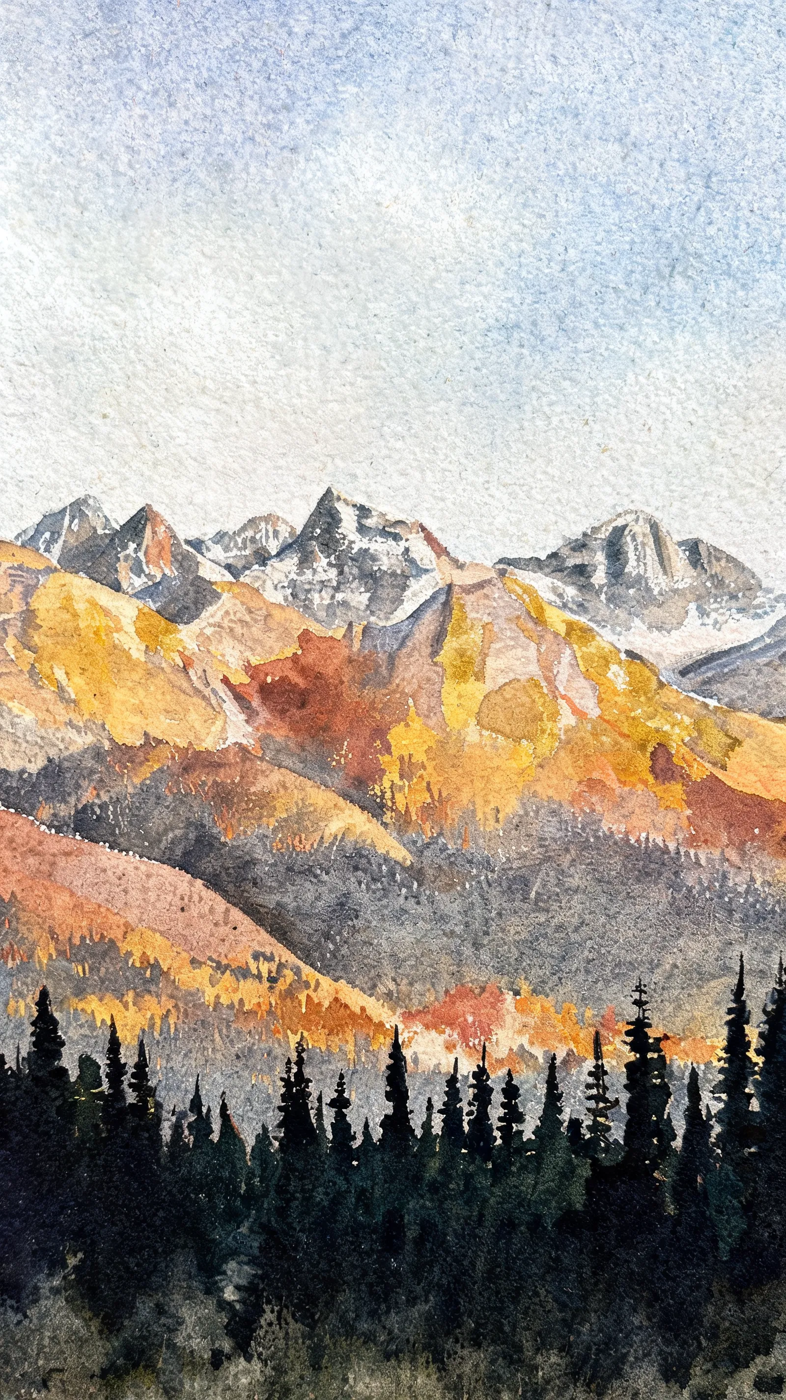 Canadian Rockies autumn, broad watercolor wash, natural golden transitions, pine forest silhouettes, rough paper grain
