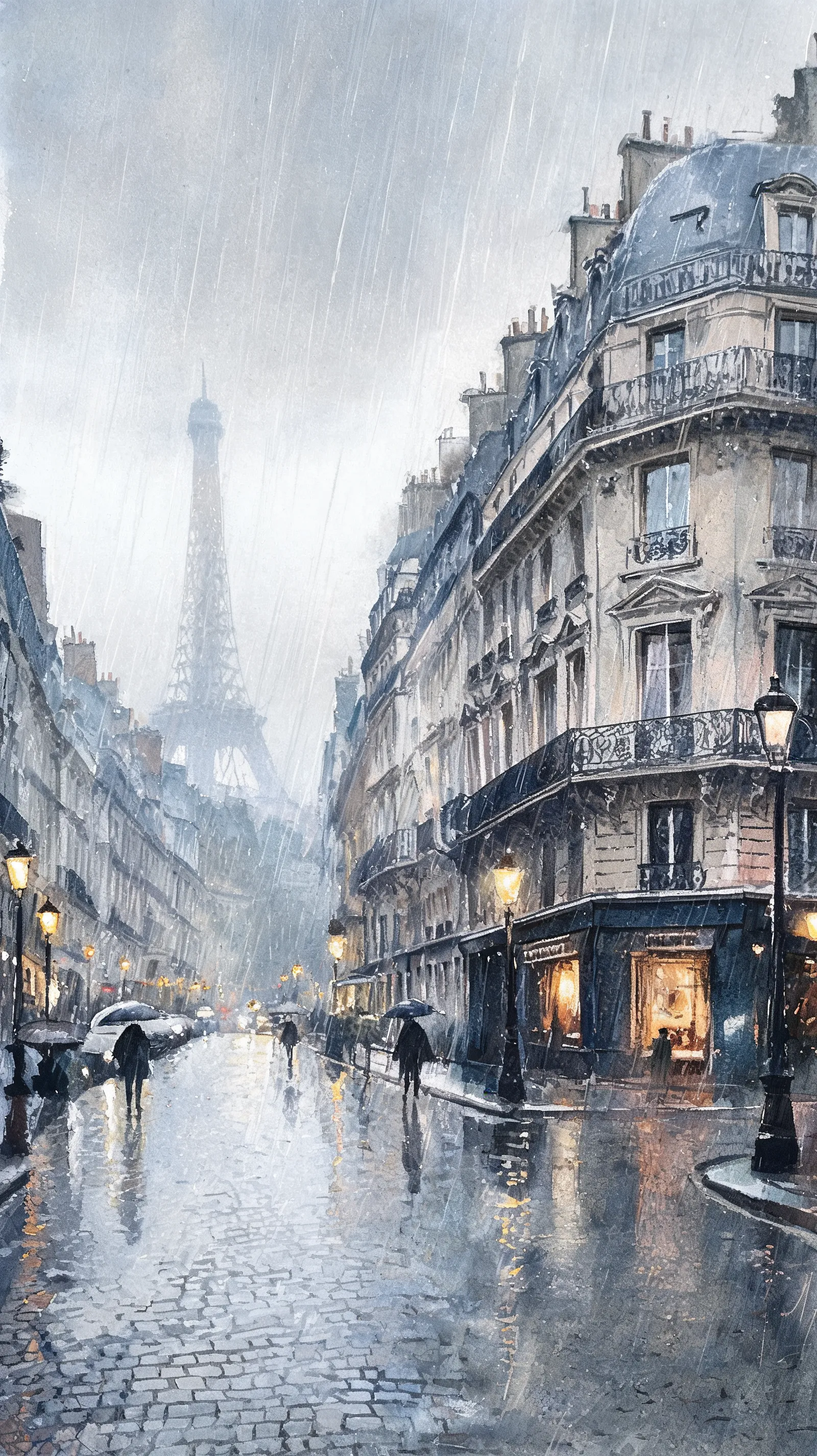 Rainy Paris street, loose watercolor strokes, rain blur effects, soft and hard architectural edges, grey atmosphere