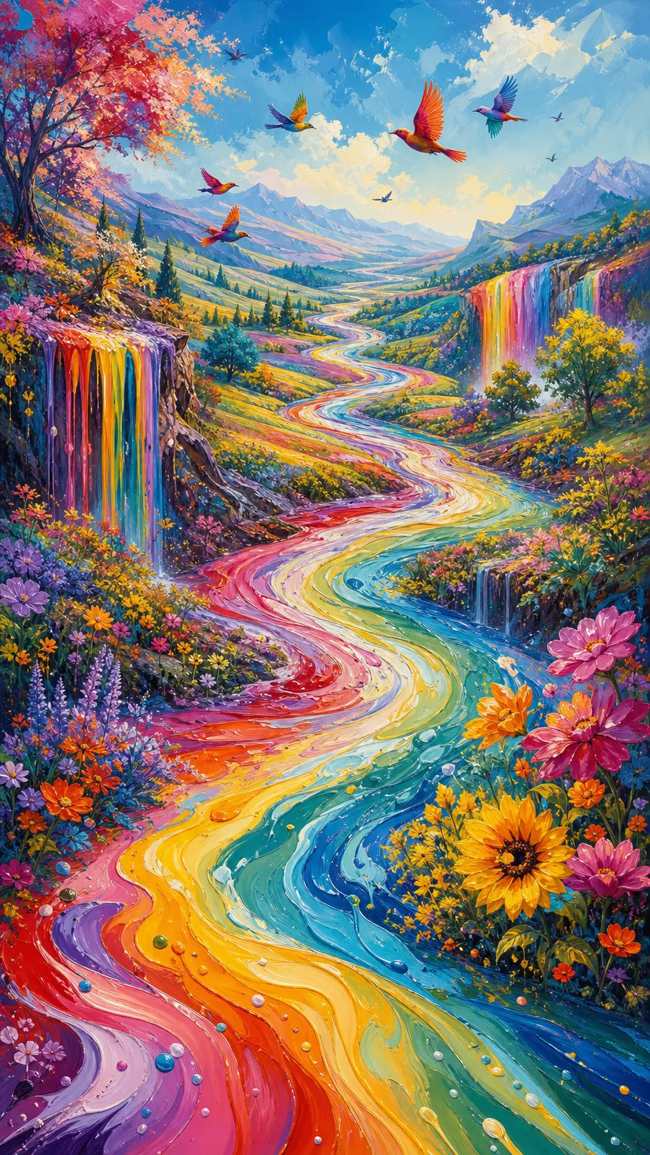 A winding river composed entirely of flowing liquid paint travels through rolling hills. Every color mixes naturally to create blooming flowers, colorful birds, rainbow waterfalls, and vibrant forests wherever it passes. Expressive painterly illustration inspired by traditional acrylic and gouache.