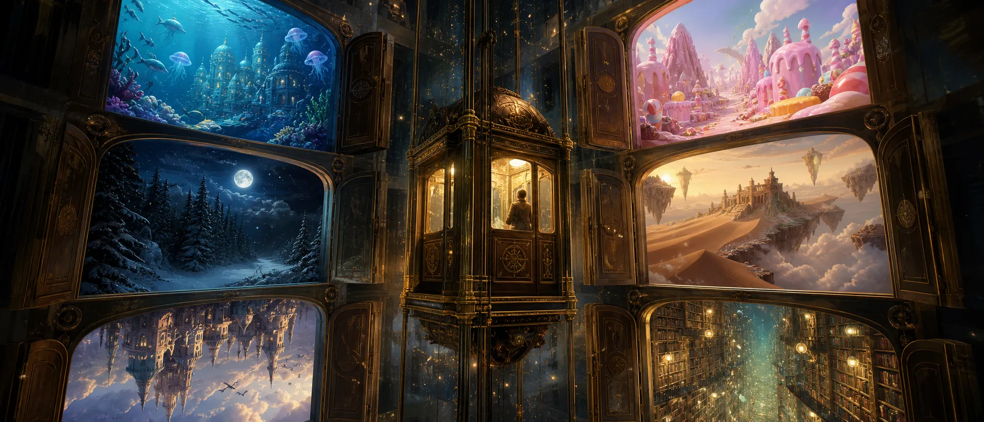 A mysterious antique elevator travels vertically through different dreams instead of floors. Each open door reveals a completely different illustrated world: underwater cities, candy mountains, snowy forests, floating deserts, upside-down castles, and endless libraries. Rich visual storytelling, surreal editorial illustration.