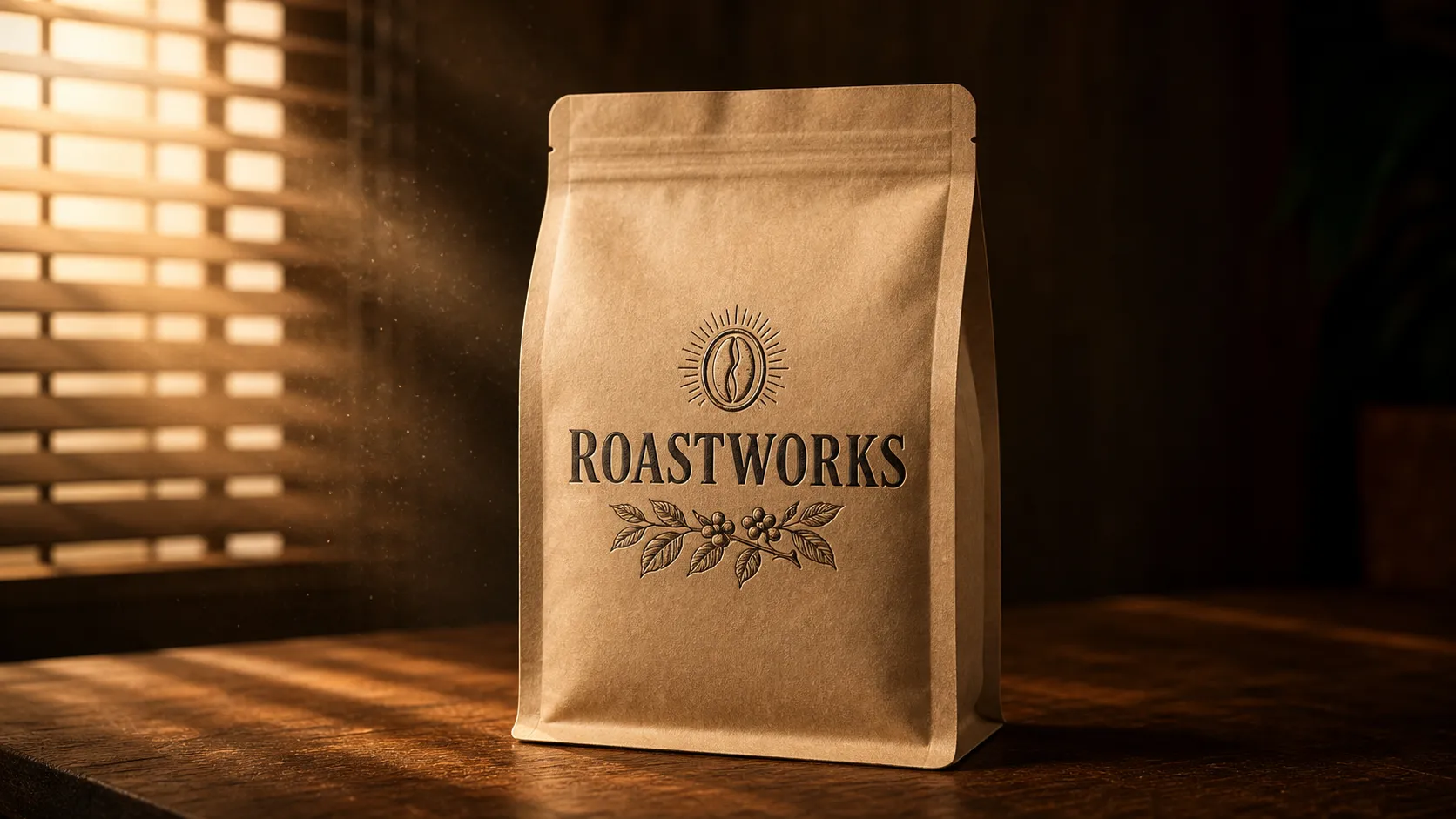 A sleek luxury product commercial cover shot, focus on a premium unbleached kraft paper coffee bean bag resting on a dark walnut wooden desk. Flawless embossed emblem logo with bold serif typography reading "ROASTWORKS" with a delicate coffee branch flourish underneath, printed in dark charcoal ink, 100% sharp and legible, strict product geometry. Volumetric Tyndall rays of morning sunlight filtering through wooden blinds with visible floating dust particles, rich cinematic atmosphere, shallow depth of field, 8k resolution, photorealistic masterpiece, dramatic lighting, completely free of any UI elements, logos of software, or icons --ar 16:9 --style raw
