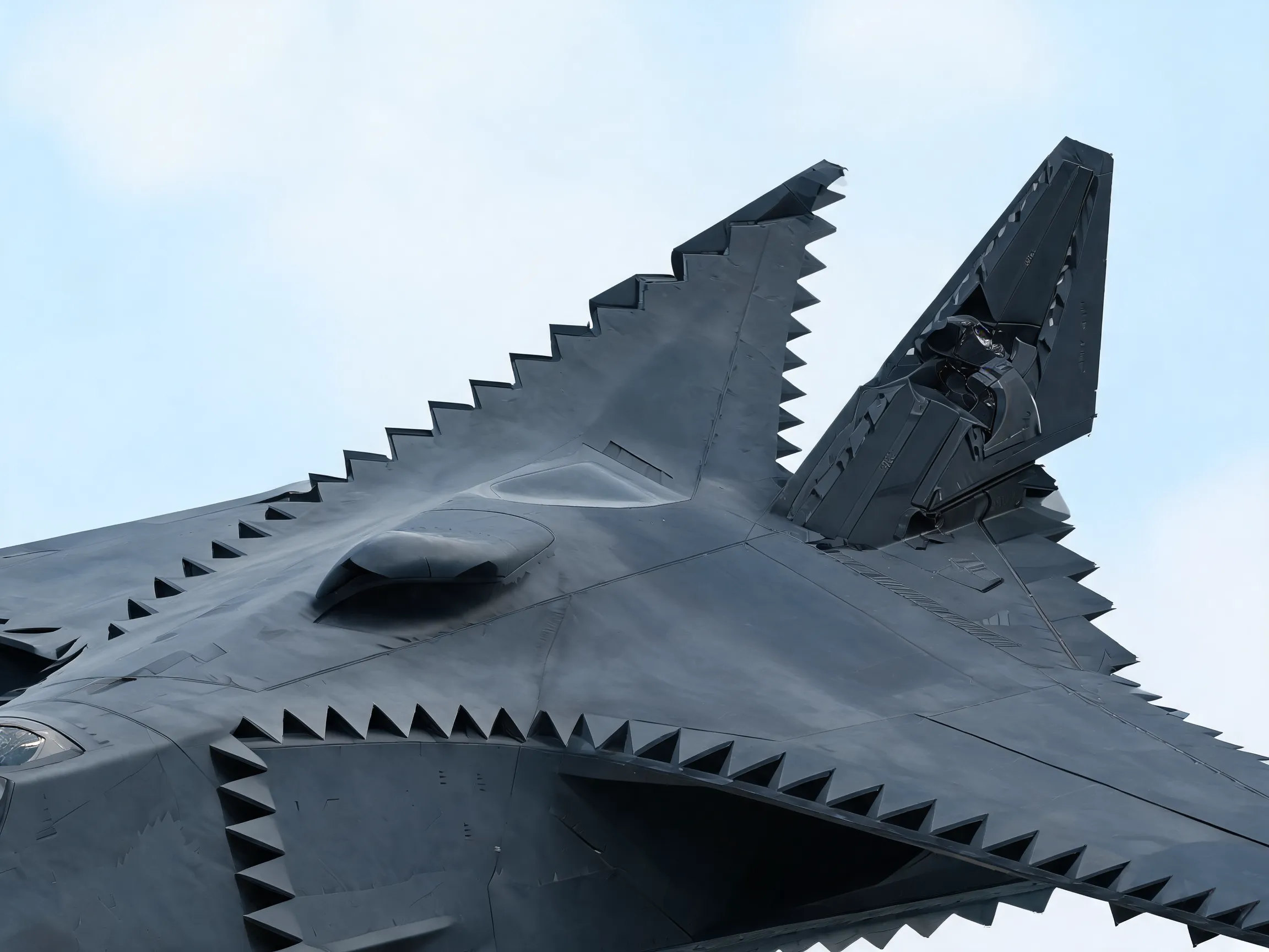 Diamond-shaped fuselage, serrated edges, non-metallic composite material outer rim, flexible skin, full-body stealth coating, outward-canted all-moving vertical tails, DSI inlet, tailless delta wing, extremely complex design of all-moving vertical tails, ultra high detail, sci-fi style, close-up view