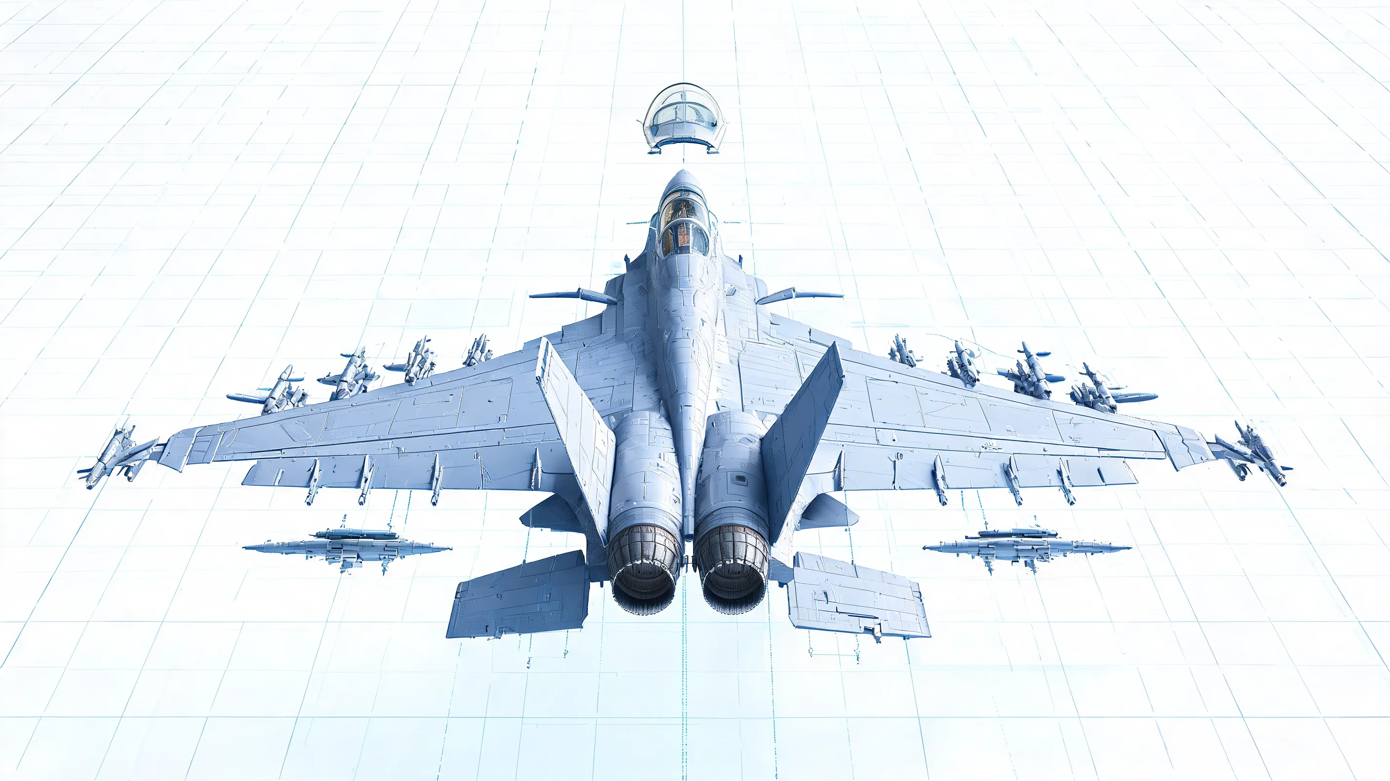 A conceptual exploded blueprint sketch of a Chinese J-16 multirole fighter jet, placing an ultra-detailed 3D-rendered aircraft assembly as the central subject on a pure white cardstock blueprint background, presented in an extreme wide-angle, low-view aerodynamic perspective