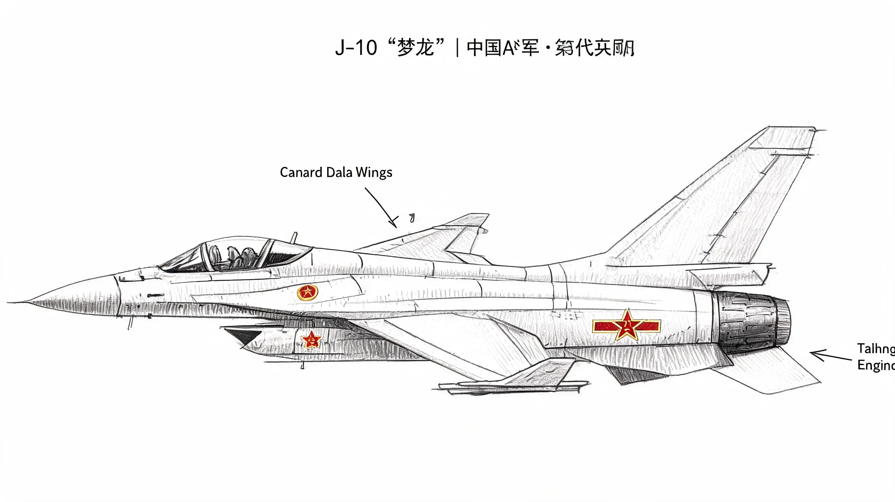 J-10 fighter jet, Chinese Air Force, third-generation fighter, codename "Menglong", canard delta wing, Taihang engine, pencil sketch style, black and white gray tones, ultra high detail, realistic, white background