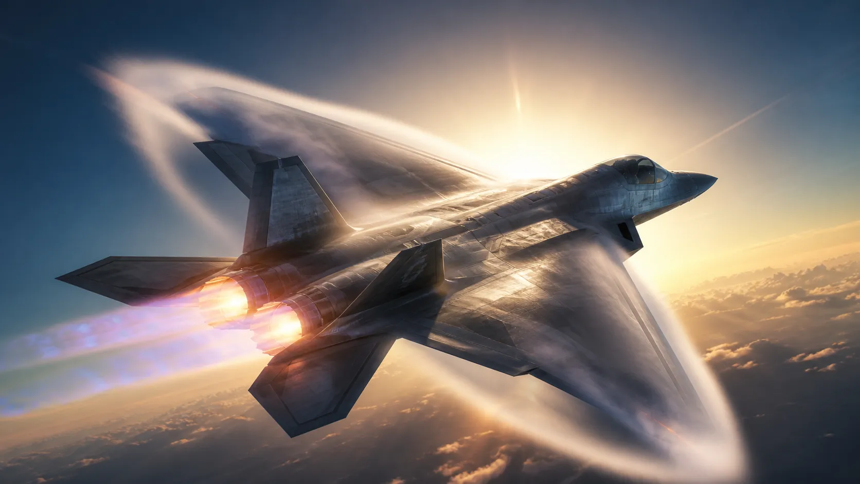 Fighter jet flying against the sun, enhanced engine afterburner details, light blue-purple Mach diamonds, vapor cone from breaking sound barrier, metallic texture on aircraft surface, rich light and shadow variations, gradient sky, sunlight changes behind the aircraft, CG rendering style, full-screen composition