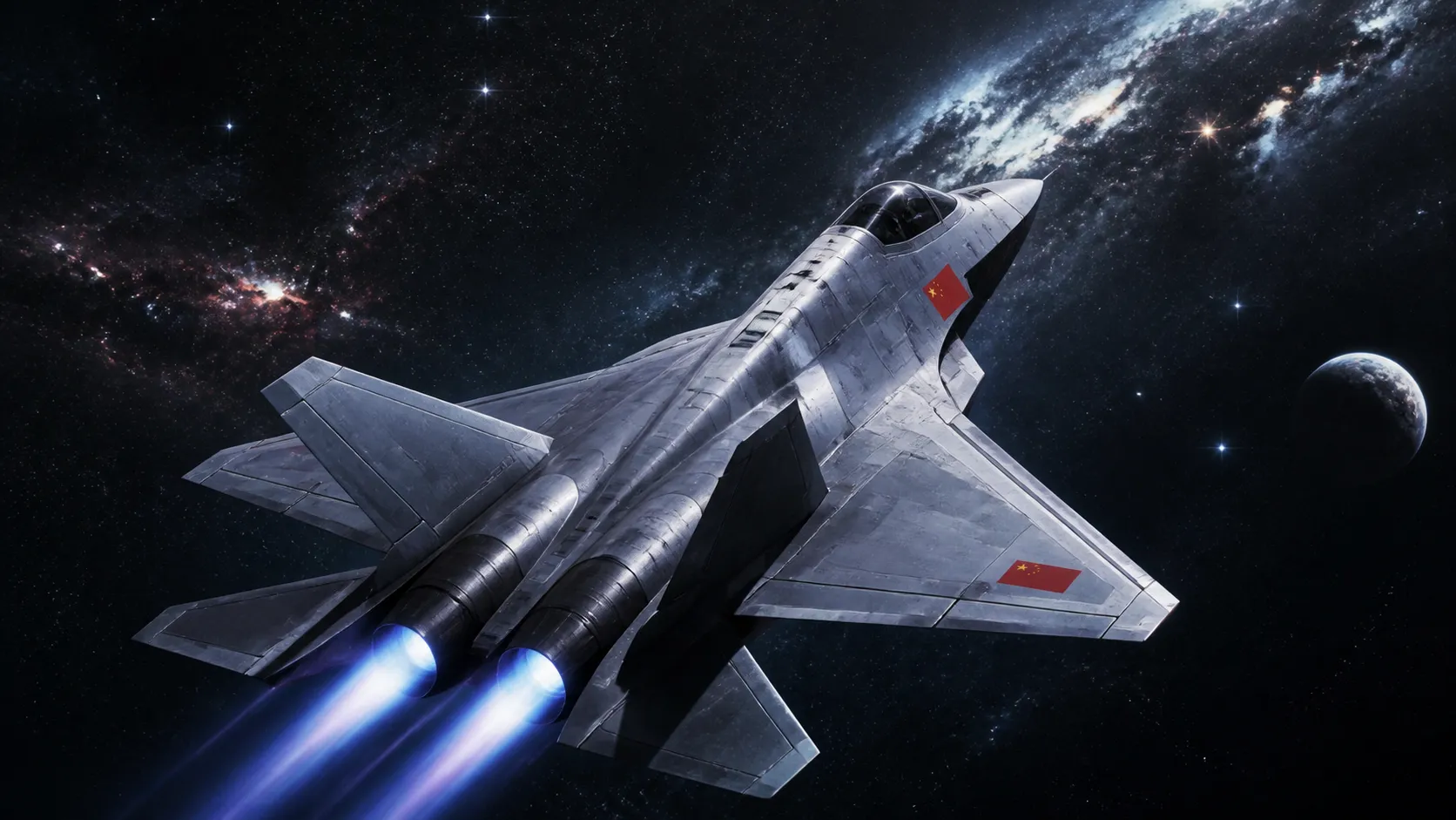 Chinese space fighter jet, J-35 style, fuselage with Chinese national flag, flying through the cosmos, sea of stars, sci-fi, large space fighter, rear top-down perspective