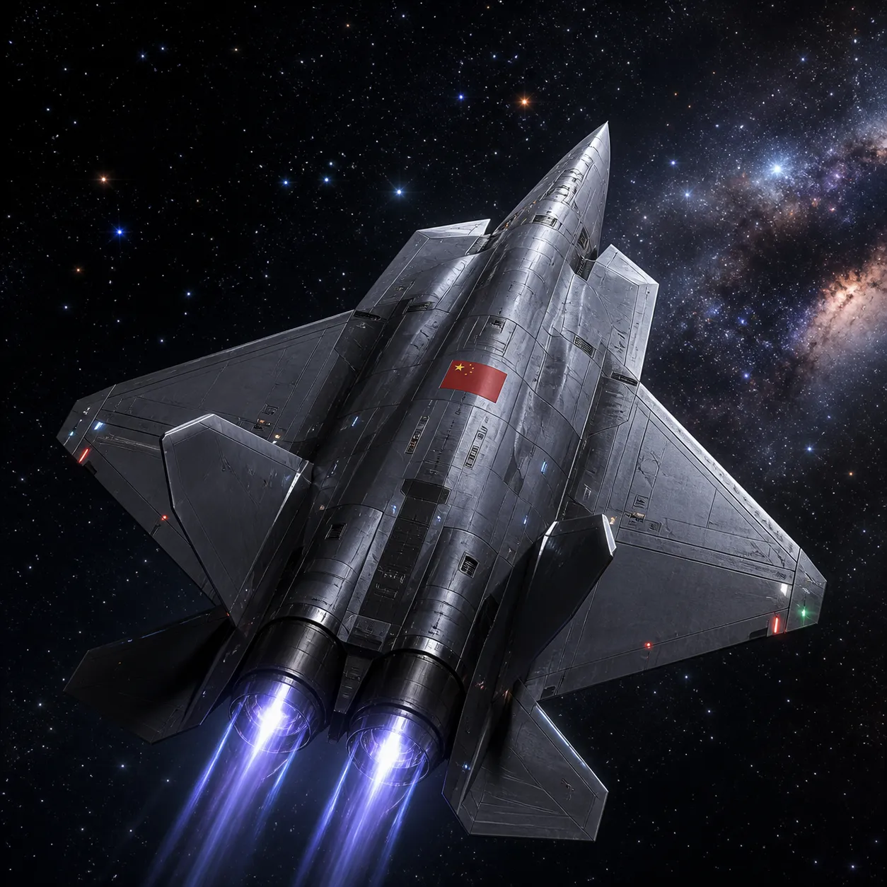 Chinese space fighter jet, J-35 style, fuselage with Chinese national flag, flying through the cosmos, sea of stars, sci-fi, large space fighter, rear top-down perspective
