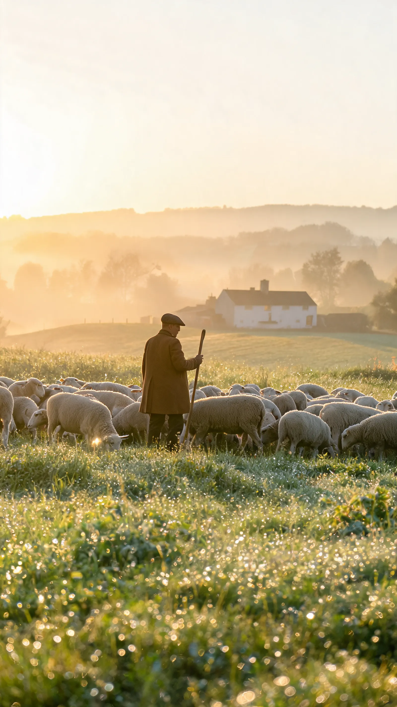Shepherd herding sheep in dewy morning light on farm