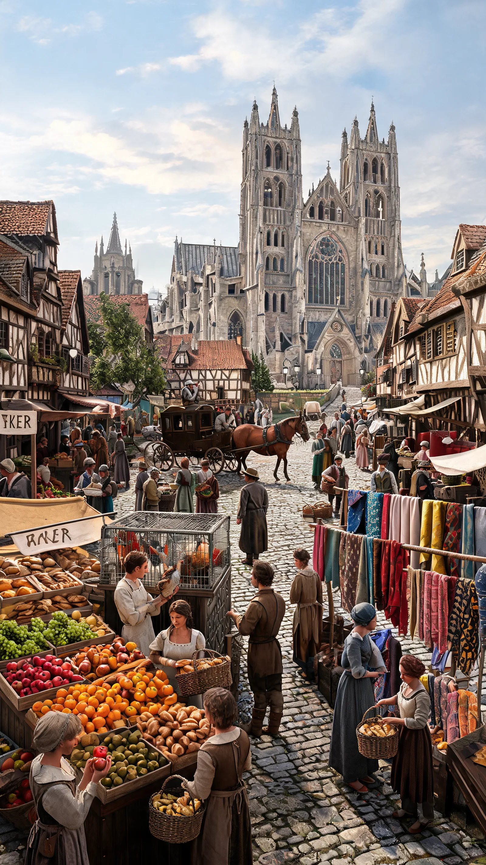 Bustling marketplace, fruit vendors, poultry merchants, baker, fabric traders, cobblestone streets, Gothic cathedral, horse carriages, daily life scenes