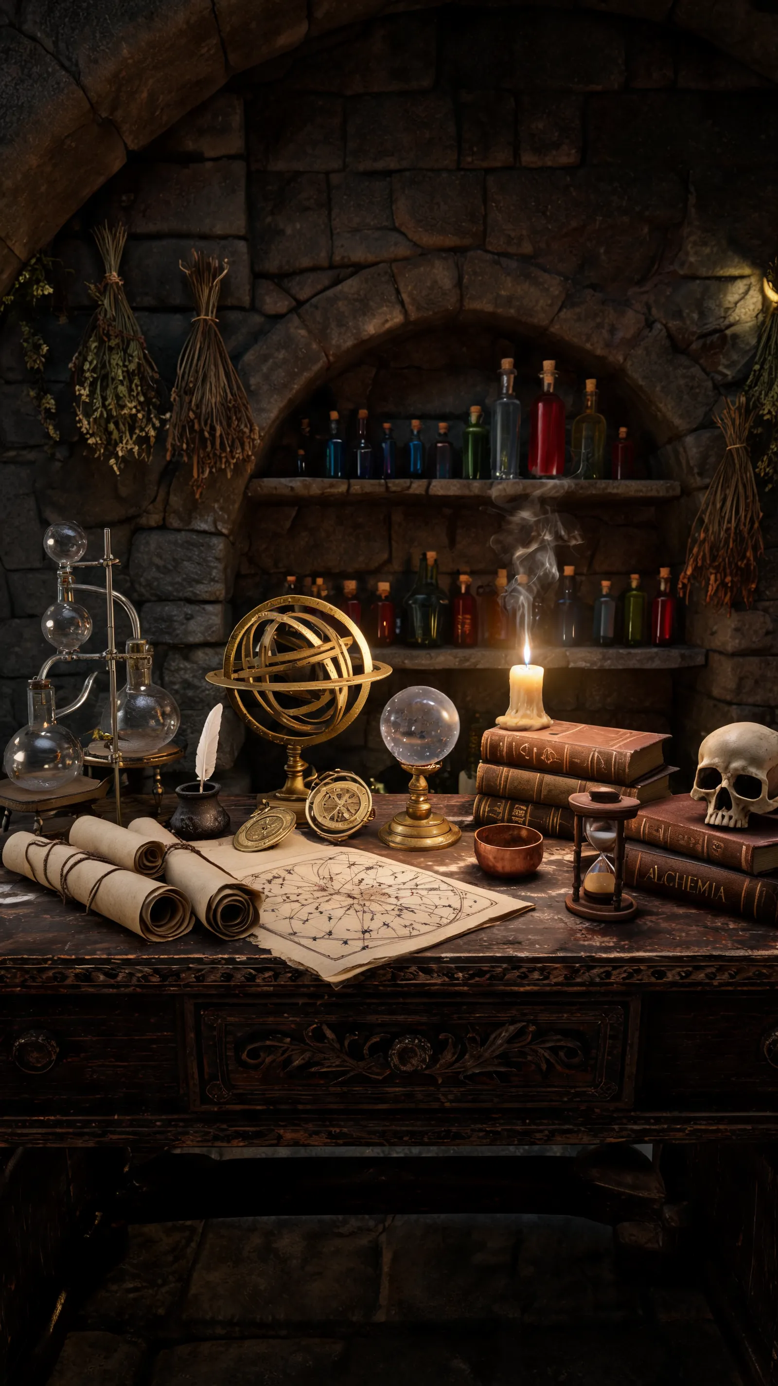Medieval stone chamber, ancient oak desk, glass distillation apparatus, parchment scrolls, astronomical instruments, dried herb bundles, copper crucibles, crystal sphere, quill and inkwell, skull specimens, hourglass, alchemy books, candle smoke, colored glass bottles, celestial maps