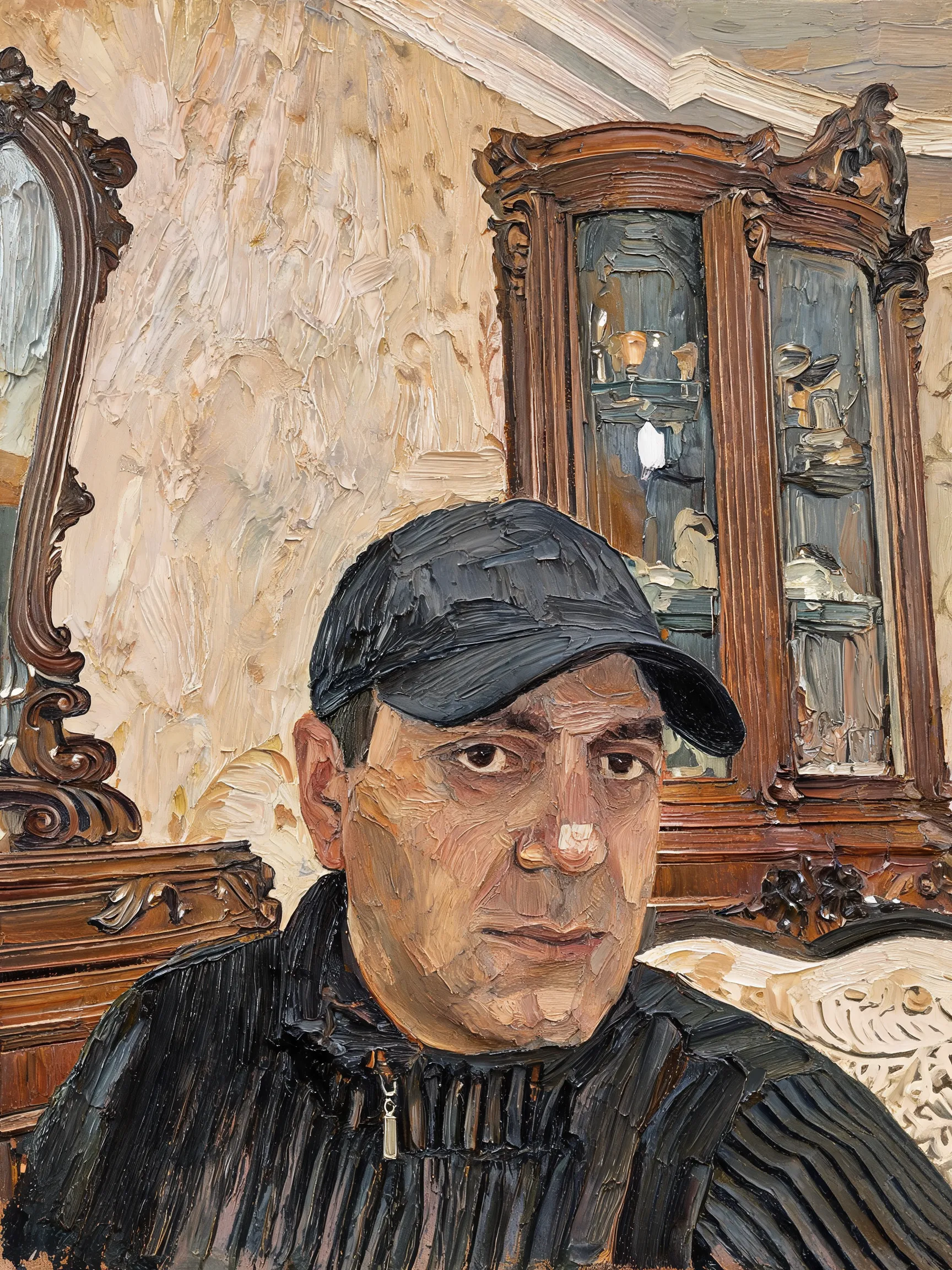 Transform this portrait into a high-end, heavily textured palette-knife abstract oil painting. Reinterpret the source subject not as a photo, but through bold masses of thick, layered impasto paint and energetic color-block collisions. The brushstrokes must be incredibly distinct and chaotic, with raw, scraped edges defining the silhouette cues and emotional energy. While fine facial details are gone, the core posture, emotional tone, and spiritual essence must remain perceptible through the massive paint movement. Render the background with the same thick, painterly language to create a unified, visually heavy, and emotionally charged abstract masterpiece.