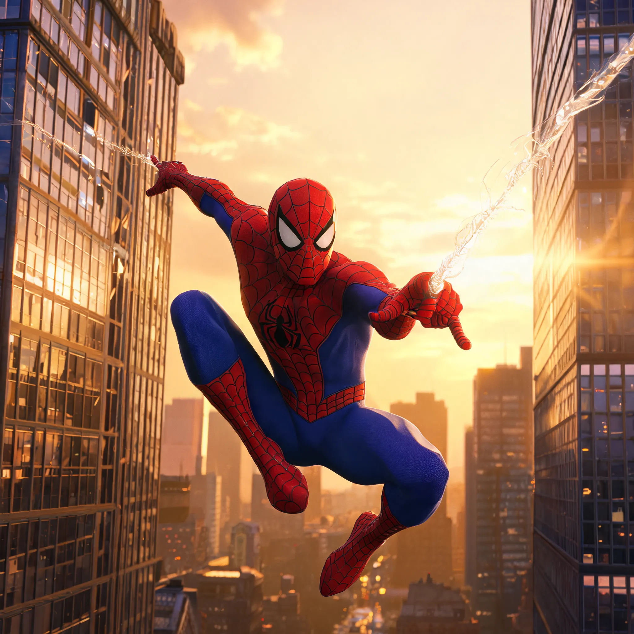 Pixar 3D animation style, Spider-Man in his classic red-and-blue suit, mid-air leaping between two towering skyscrapers, one hand shooting a web line, the other reaching forward, warm golden hour sunlight illuminating the web strands, dramatic volumetric lighting, highly detailed New York City backdrop, soft bokeh in the distance, emotional and heroic expression through the eyes of the mask, rendered in Unreal Engine 5, vibrant colors, 8k, cinematic composition.
