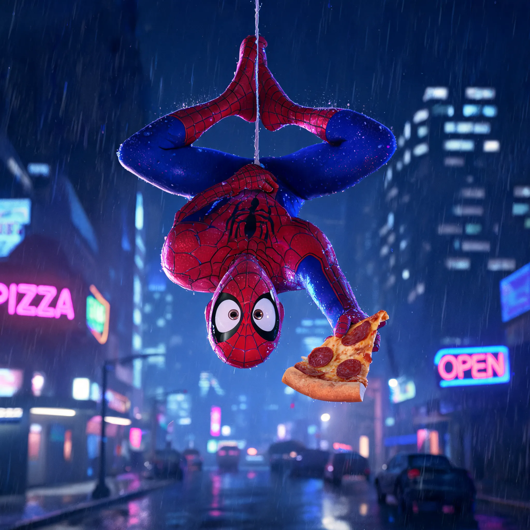 Pixar-style animated film still, Spider-Man hanging upside down from a thin web line, rain droplets falling on his mask and suit, reflection of neon blue and pink city lights on his wet costume, the mask's white eye lenses wide with a mix of focus and sadness, holding a slice of pizza in one hand, moody atmosphere, wet streets below, deep depth of field, highly stylized, nostalgic Pixar lighting, 4k.