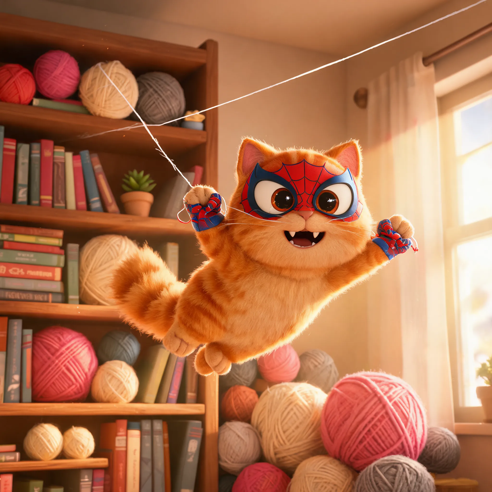 Adorable Pixar animated short style, a tiny anthropomorphic Spider-Cat wearing a miniature red-and-blue mask and a tiny web-shooter, swinging through a cozy bookshelf in a sunlit apartment, yarn balls acting as "buildings," dynamic action pose, playful expression, soft fuzzy textures, warm interior lighting, clay-like material render, whimsical tone, high quality, Disney/Pixar character design.