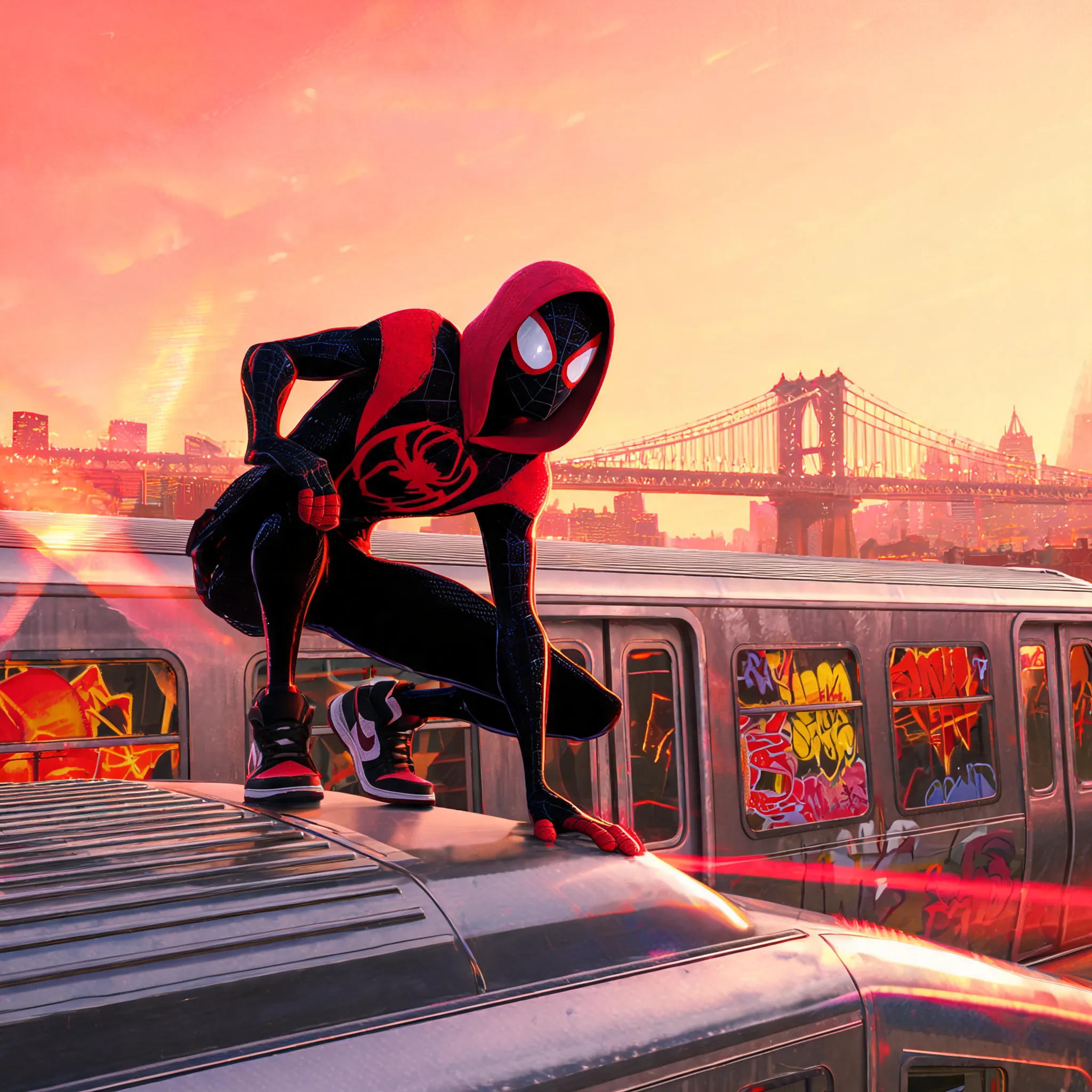 Pixar-inspired animated scene, Spider-Man (Miles Morales) in his red-and-black suit, crouched on a subway train roof, one hand touching the metallic surface, graffiti art reflecting on the train windows, vibrant red and yellow color palette, hood up and partially covering his mask, looking back over his shoulder with a determined gaze, Brooklyn bridge in the distant background, urban street art aesthetic, stylized lens flare, energetic composition.