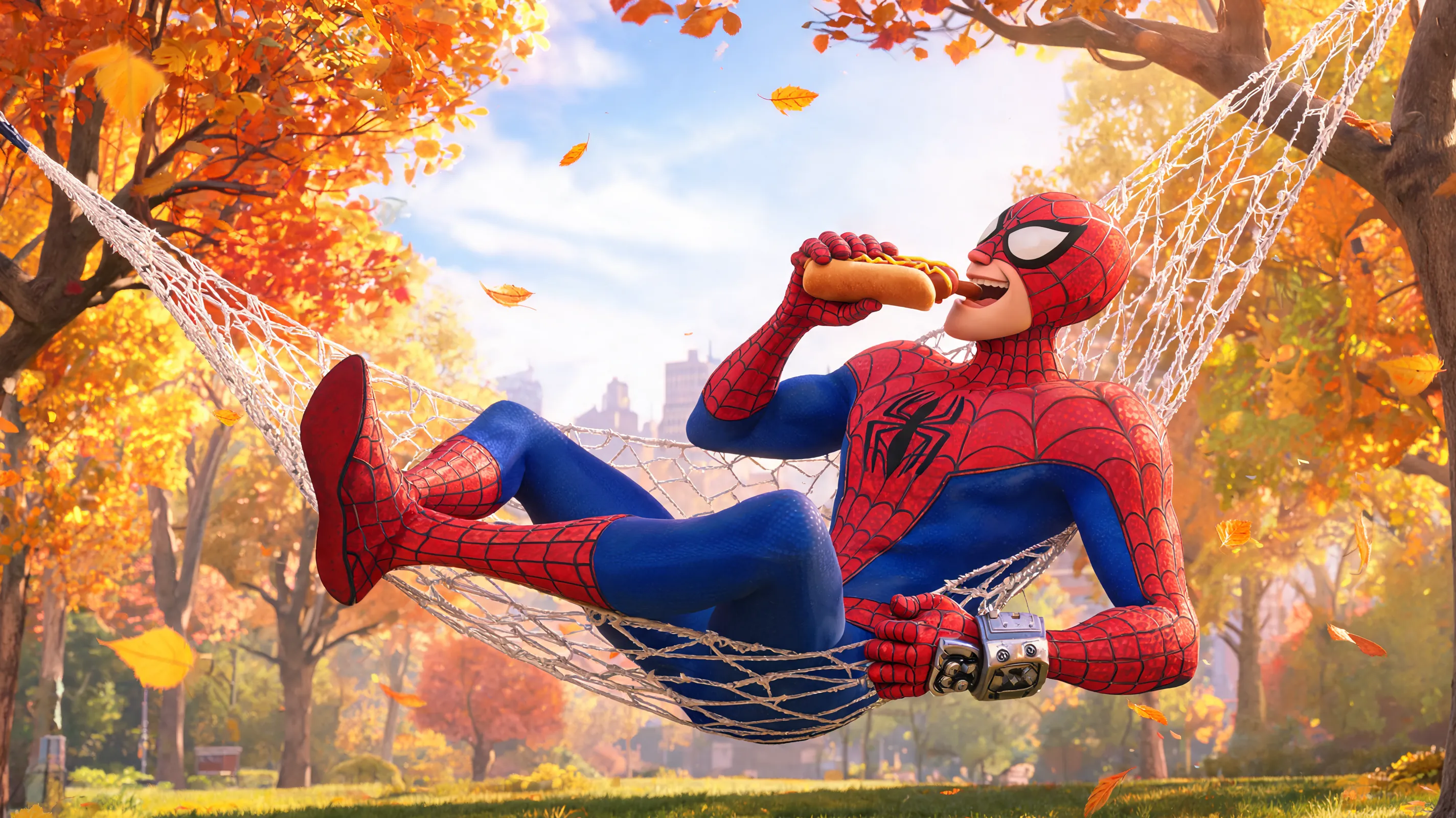 Pixar 3D animation style, Spider-Man relaxing in a makeshift web hammock strung between two autumn trees in Central Park, his mask pulled up to his nose, eating a hot dog with one hand while holding a web shooter in the other, warm orange and golden foliage falling around him, soft afternoon sunlight filtering through leaves, playful and carefree expression, highly detailed textures on his suit, cheerful and heartwarming atmosphere, Disney/Pixar character rendering, 8k.