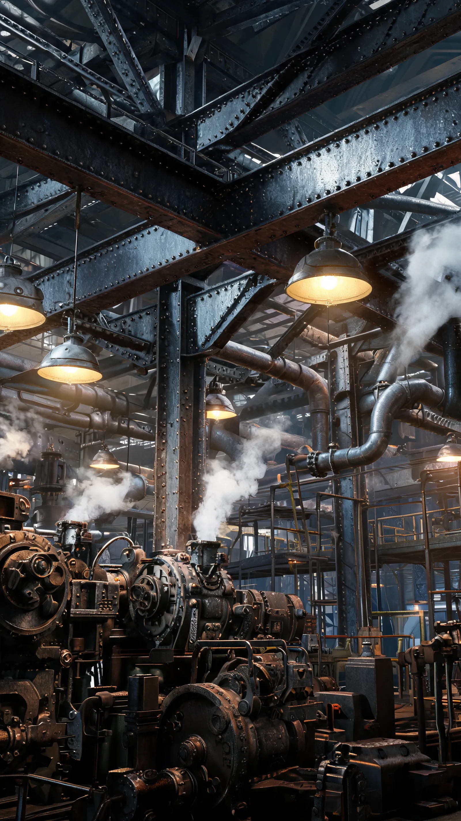 Hyperrealistic industrial scene, steel structures, mechanical details, steam effects, industrial lighting, metallic textures, professional industrial photography