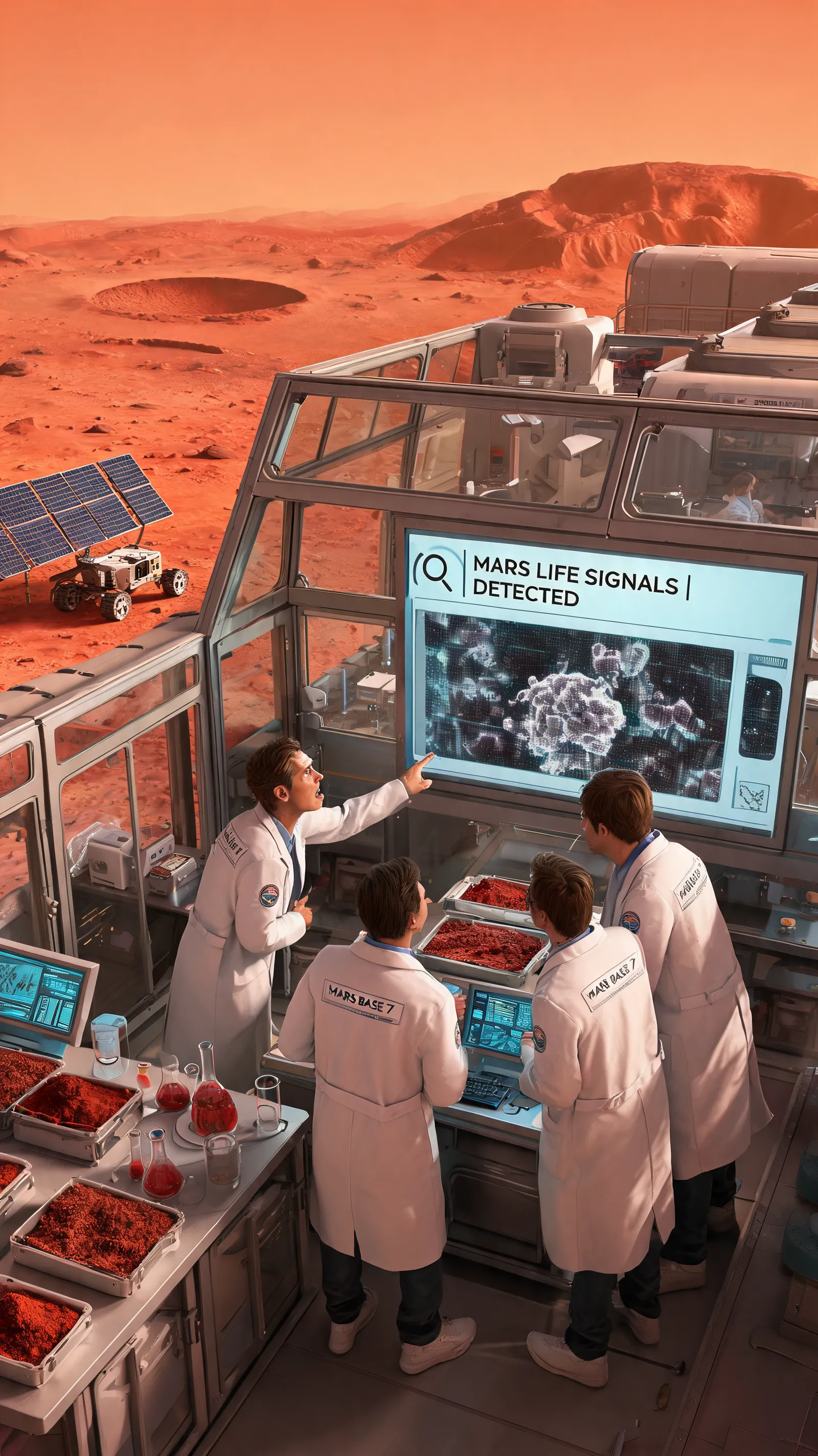 In a future Mars base, scientists strive to find signs of life, tense yet excited.