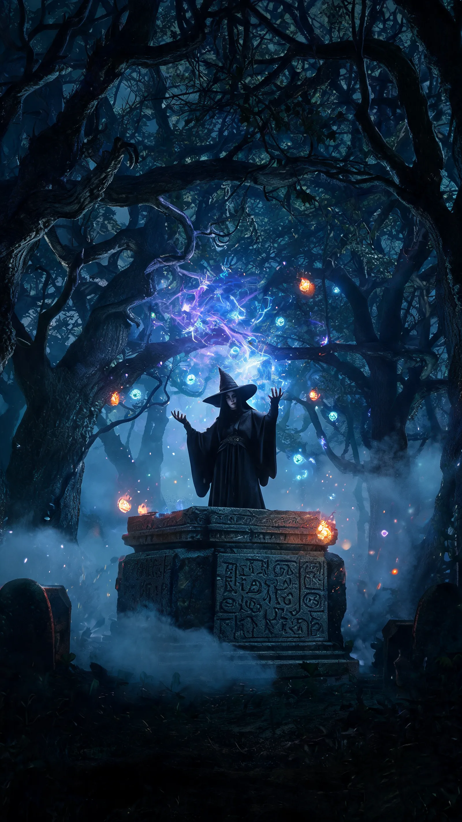 Deep in a shadowy forest, a mysterious witch casts spells at an ancient altar, surrounded by flickering lights.