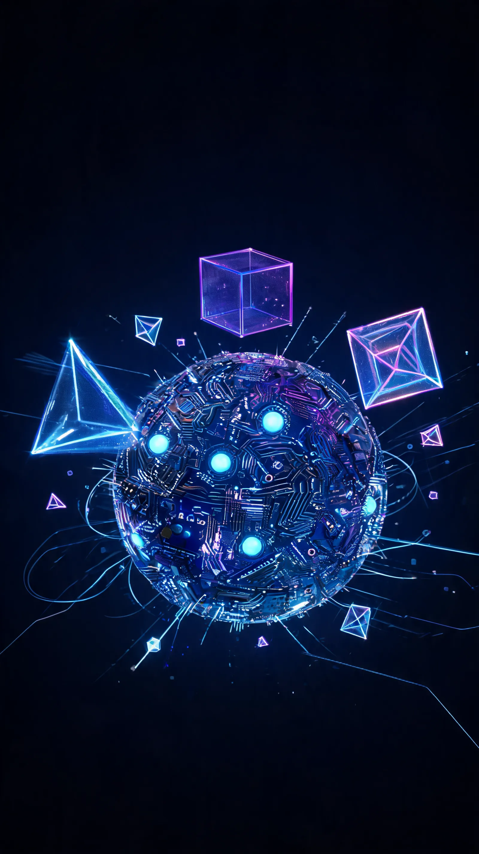 Complex quantum computer core with floating geometric shapes, emanating holographic projections