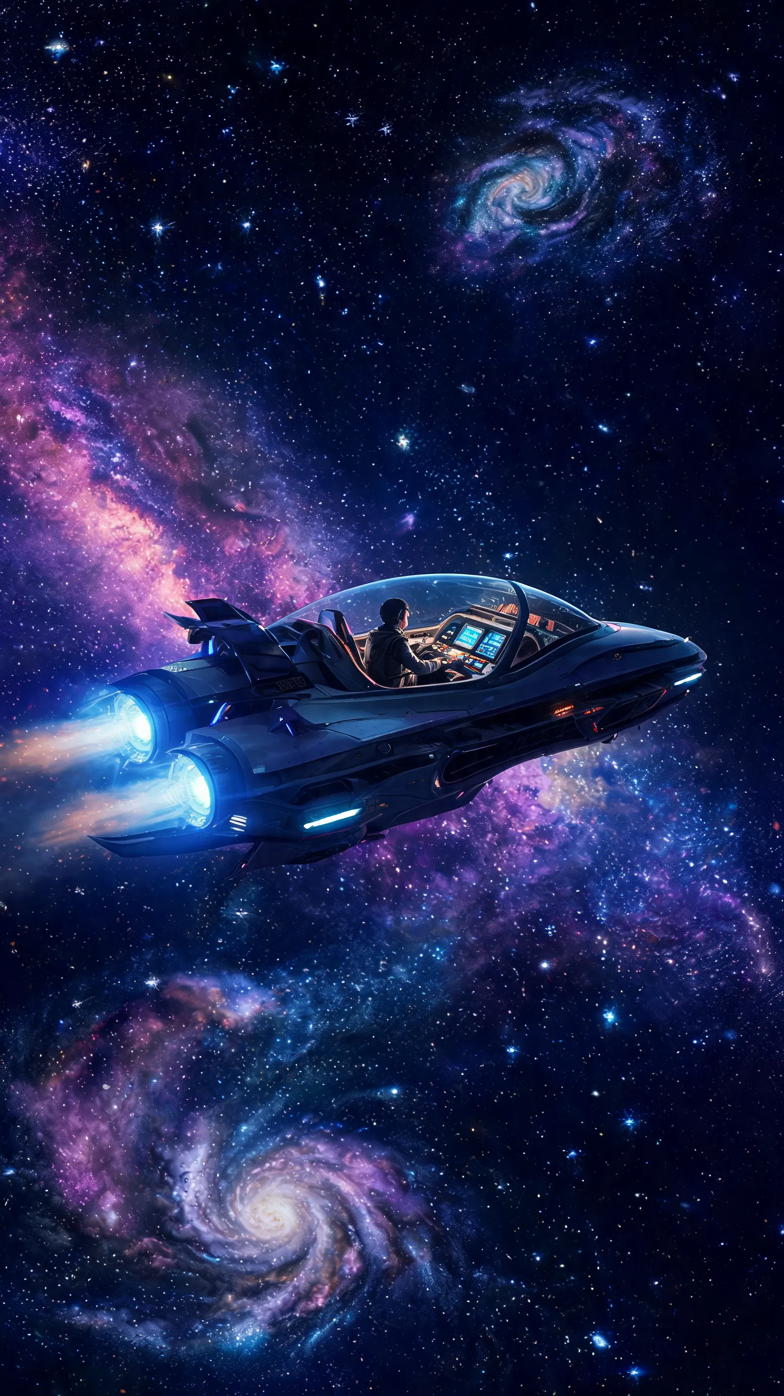 Under the silent night sky, an interstellar traveler pilots a spaceship, exploring unknown galaxies, filled with anticipation and mystery.