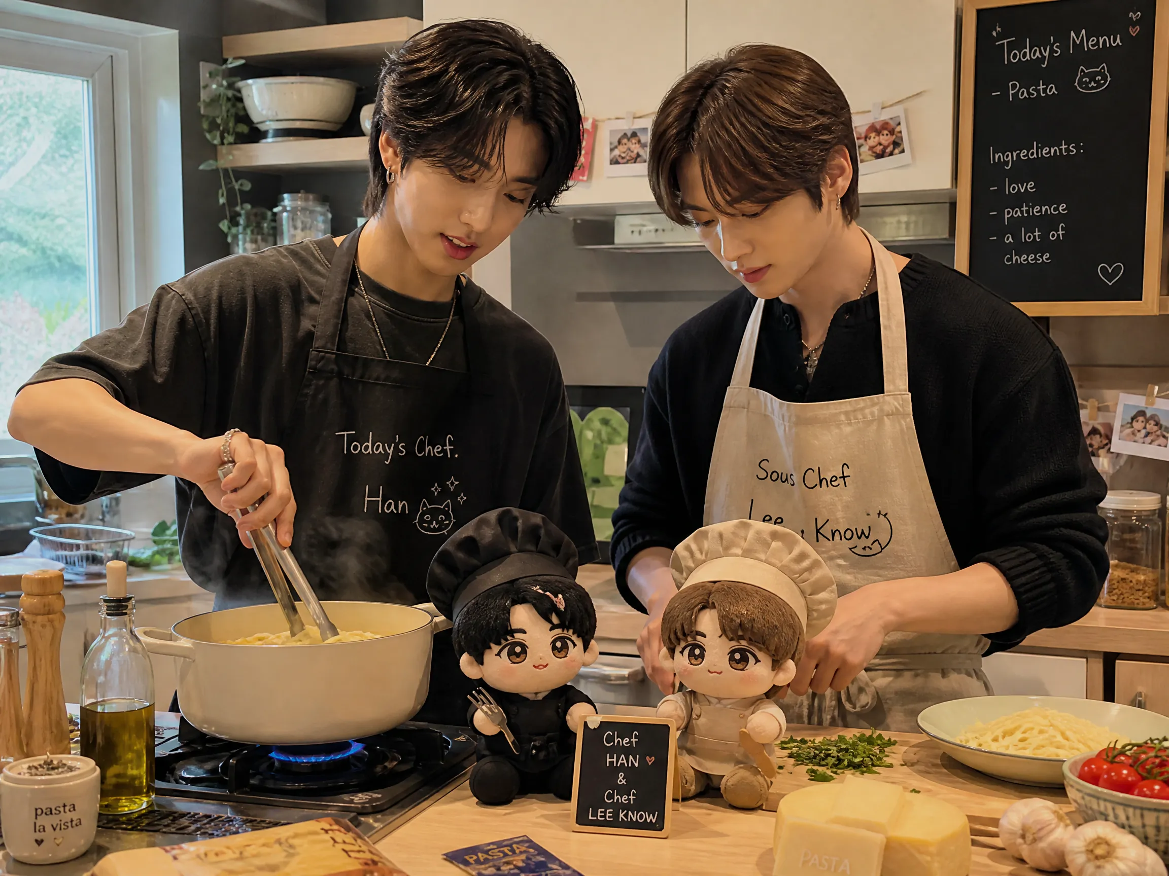 Han and Lee Know were making lunch, pasta with their mini Han and Lee Know plushies