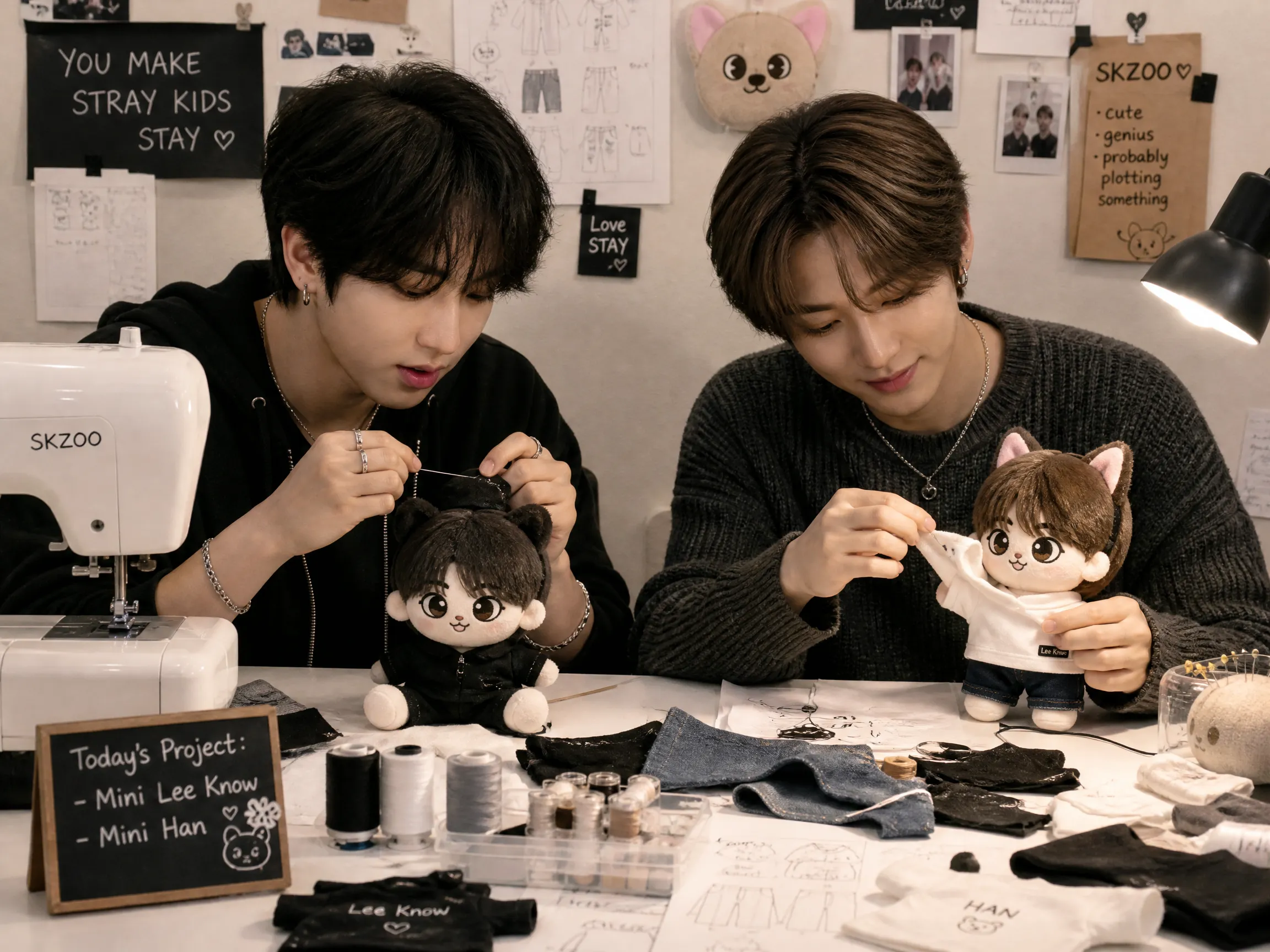 Han and Lee Know were sewing clothes for mini Lee Know and Han plushies