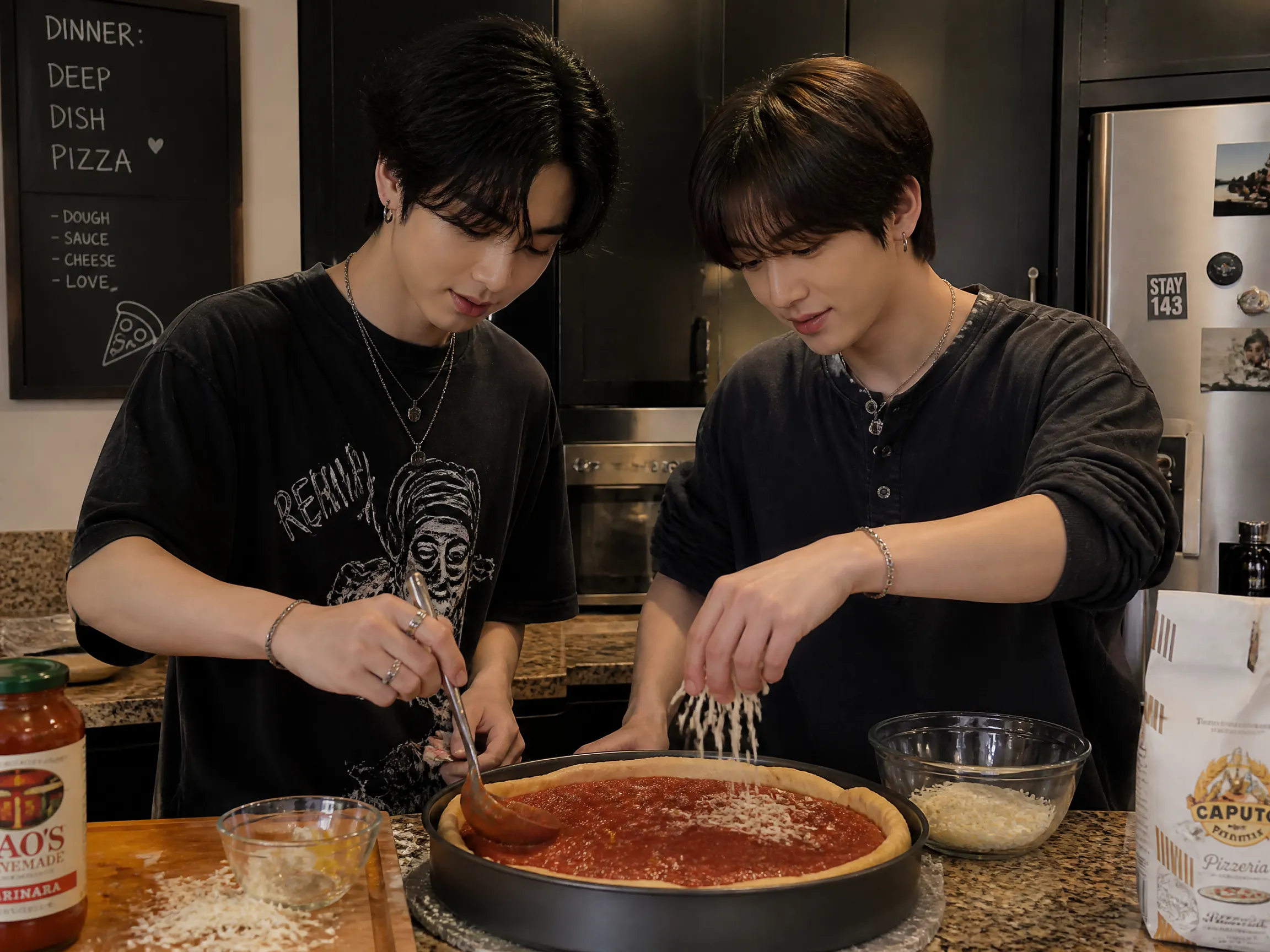 Han and Lee Know were making dinner, Deep Dish Pizza