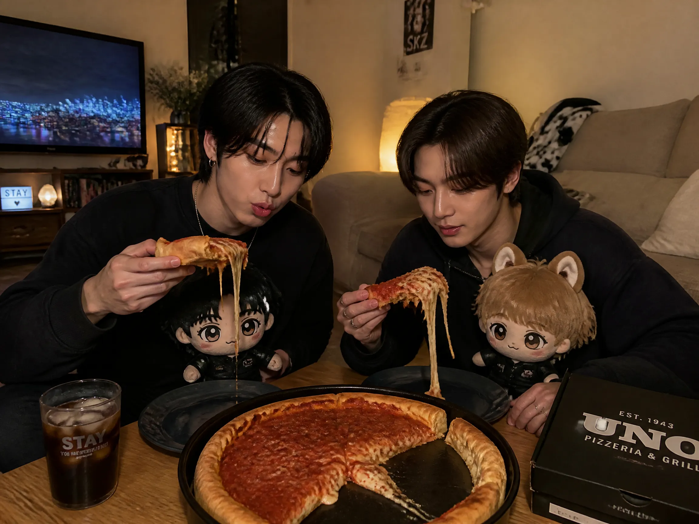 Han and Lee Know were eating dinner deep dish pizza with their mini Han and Lee Know plushies in the living room