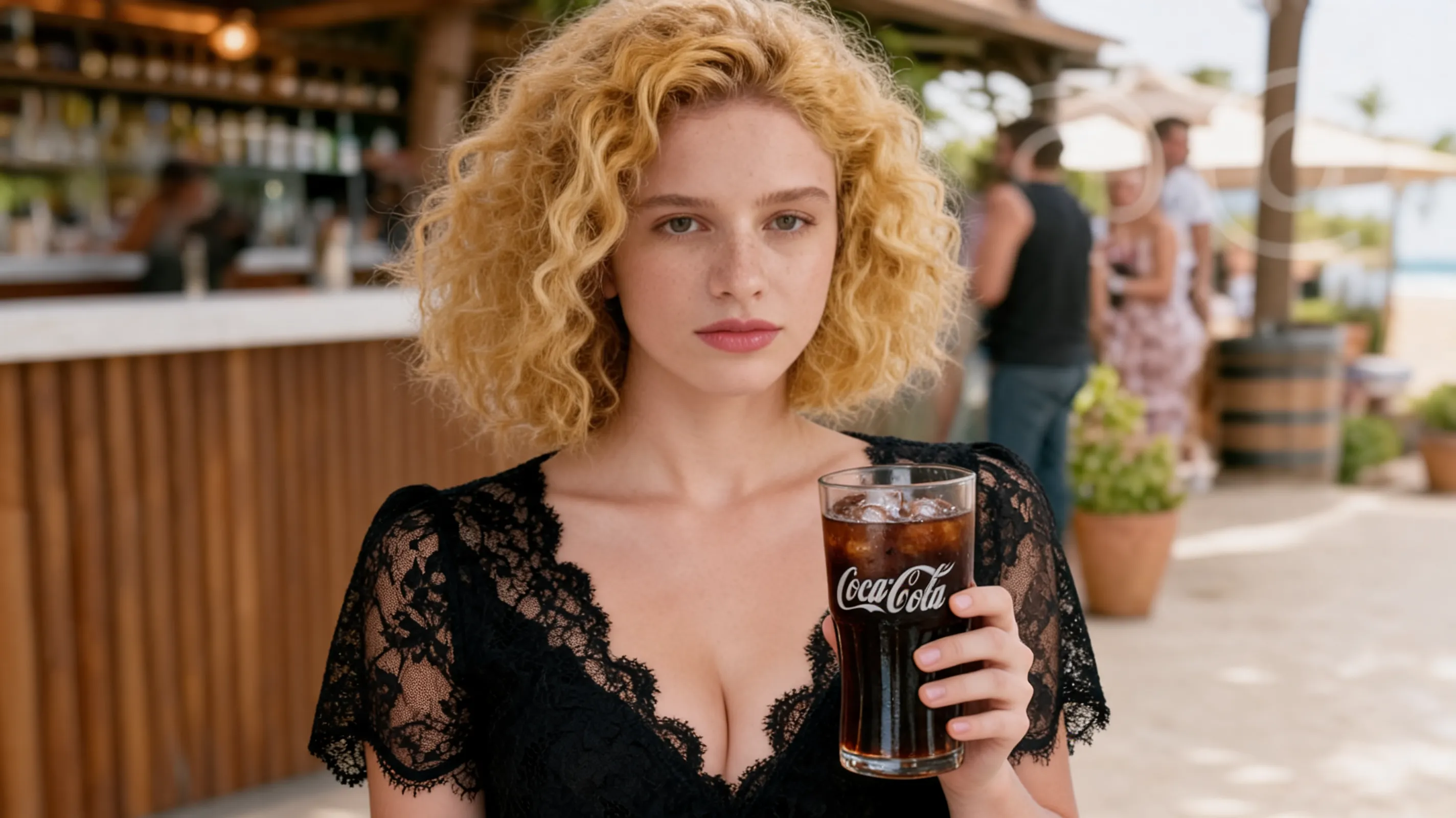 donna a destra maglia scollata in pizzo scuro maniche corte larghe bicchiere di coca in mano eliminare dona di fianco