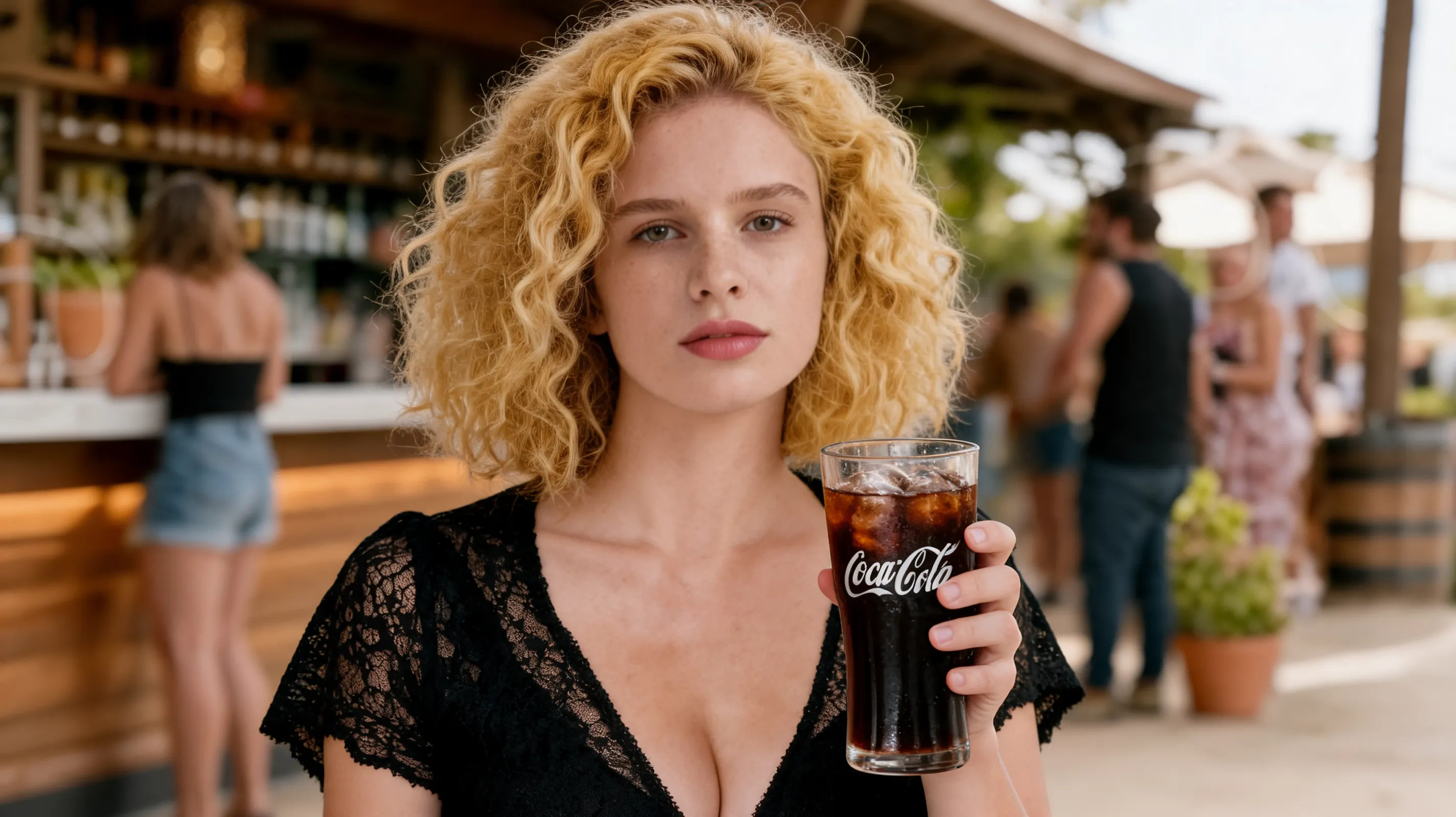 donna a destra maglia scollata in pizzo scuro un po in carne stessa faccia maniche corte larghe bicchiere di coca in mano eliminare dona di fianco