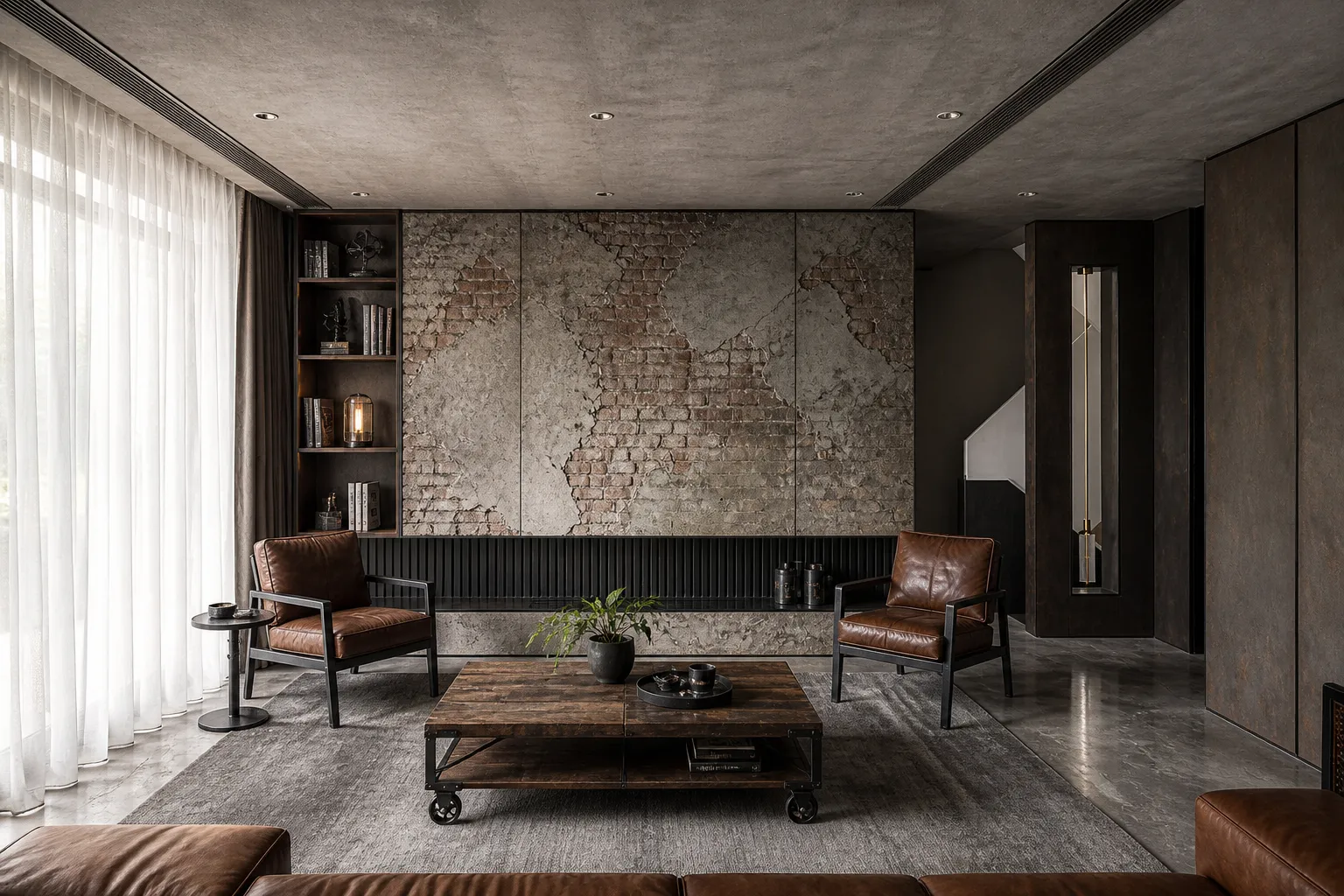 Design this room in Industrial Style. Keep the original walls, windows, stairs if any, layout, and camera angle unchanged.